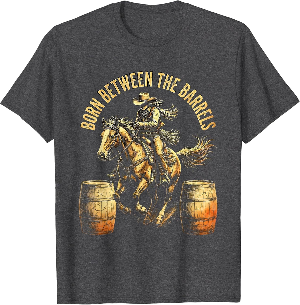 Born Between the Barrels Western Rodeo Design T-Shirt - Dark Heather Grey