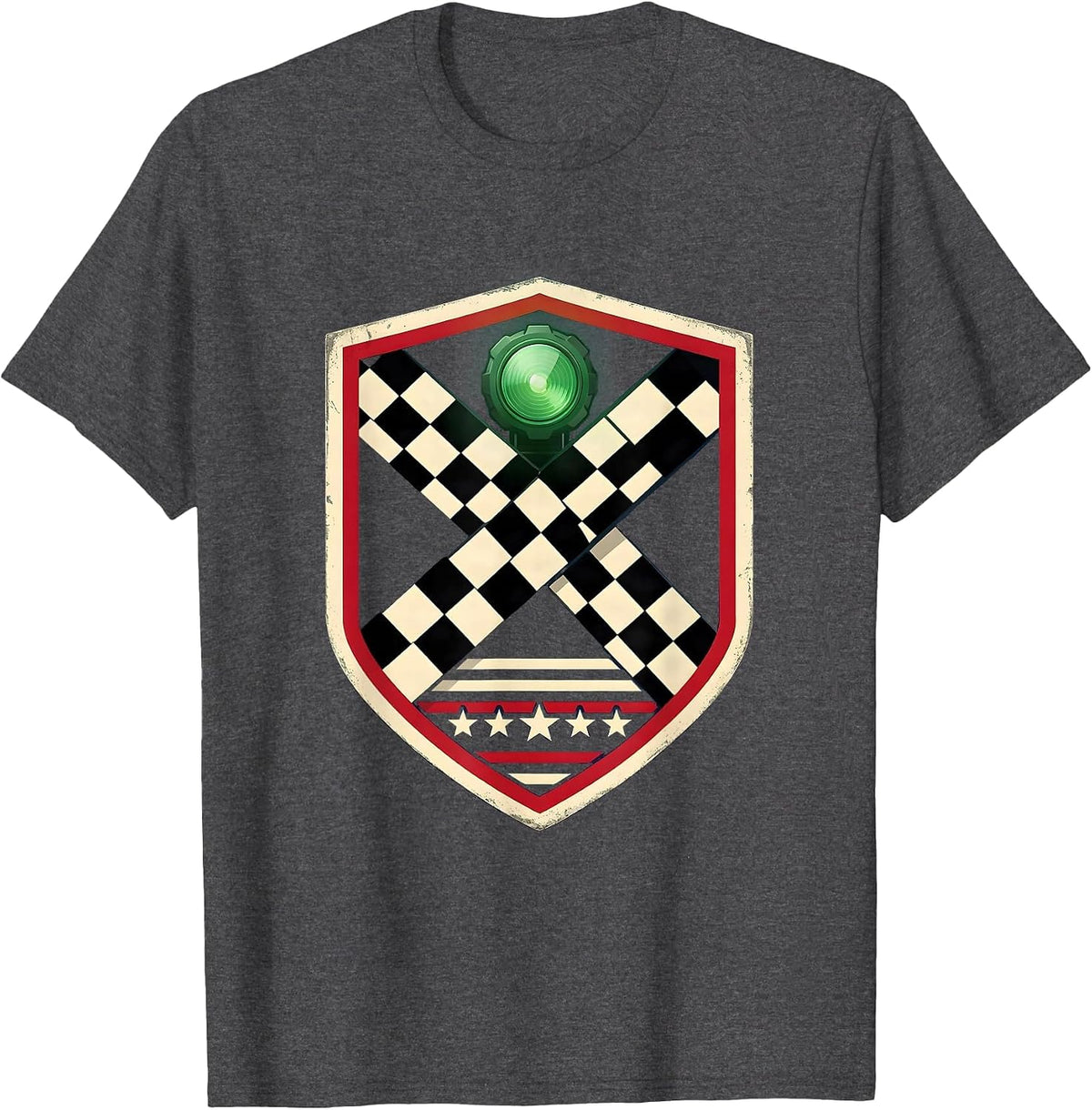 Sealed Shield Badge Racing Fan American Flag Checkered Flag T-Shirt - Dark Heather Grey