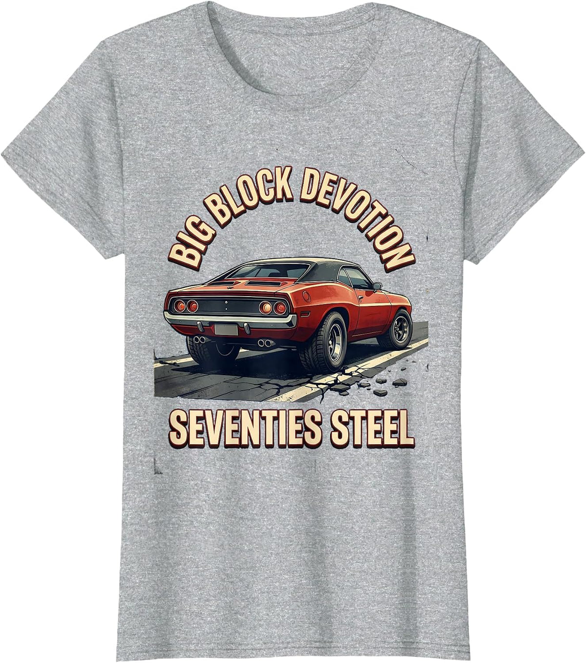 Big Block Devotion, Seventies Steel Classic Muscle Car T-Shirt - Heather Grey