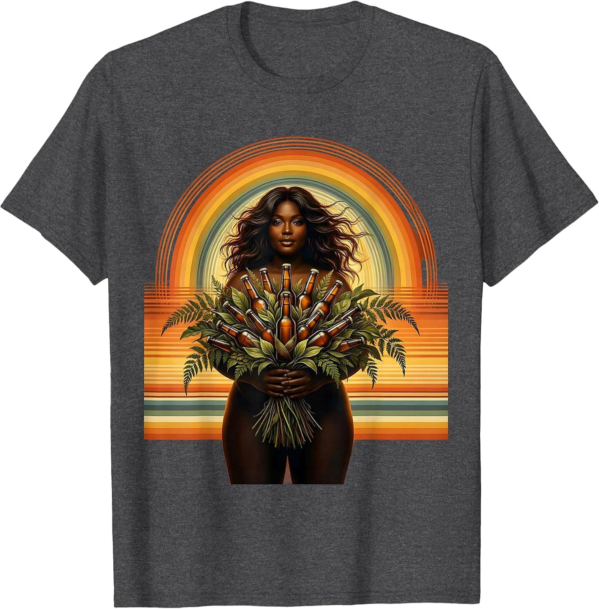 Woman With Beer Bottle Bouquet Illustration T-Shirt - Dark Heather Grey