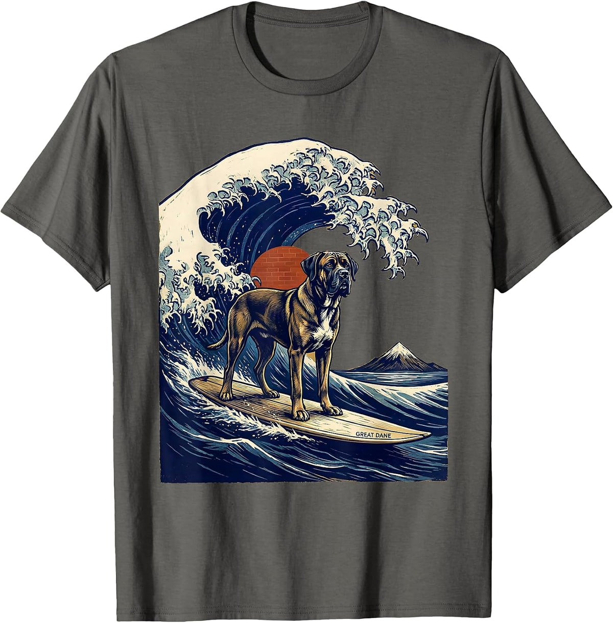 Great Dane Linocut Funny Surf Dog Breed Owner Gift T-Shirt - Asphalt Grey