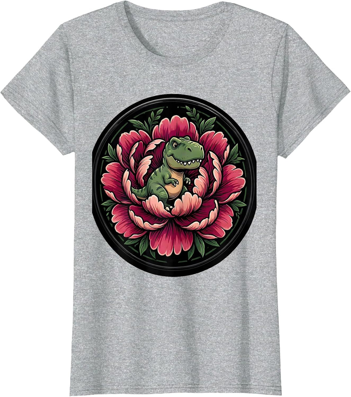 Women's Dinosaur Silhouette Blooming Peony Floral Design T-Shirt - Heather Grey