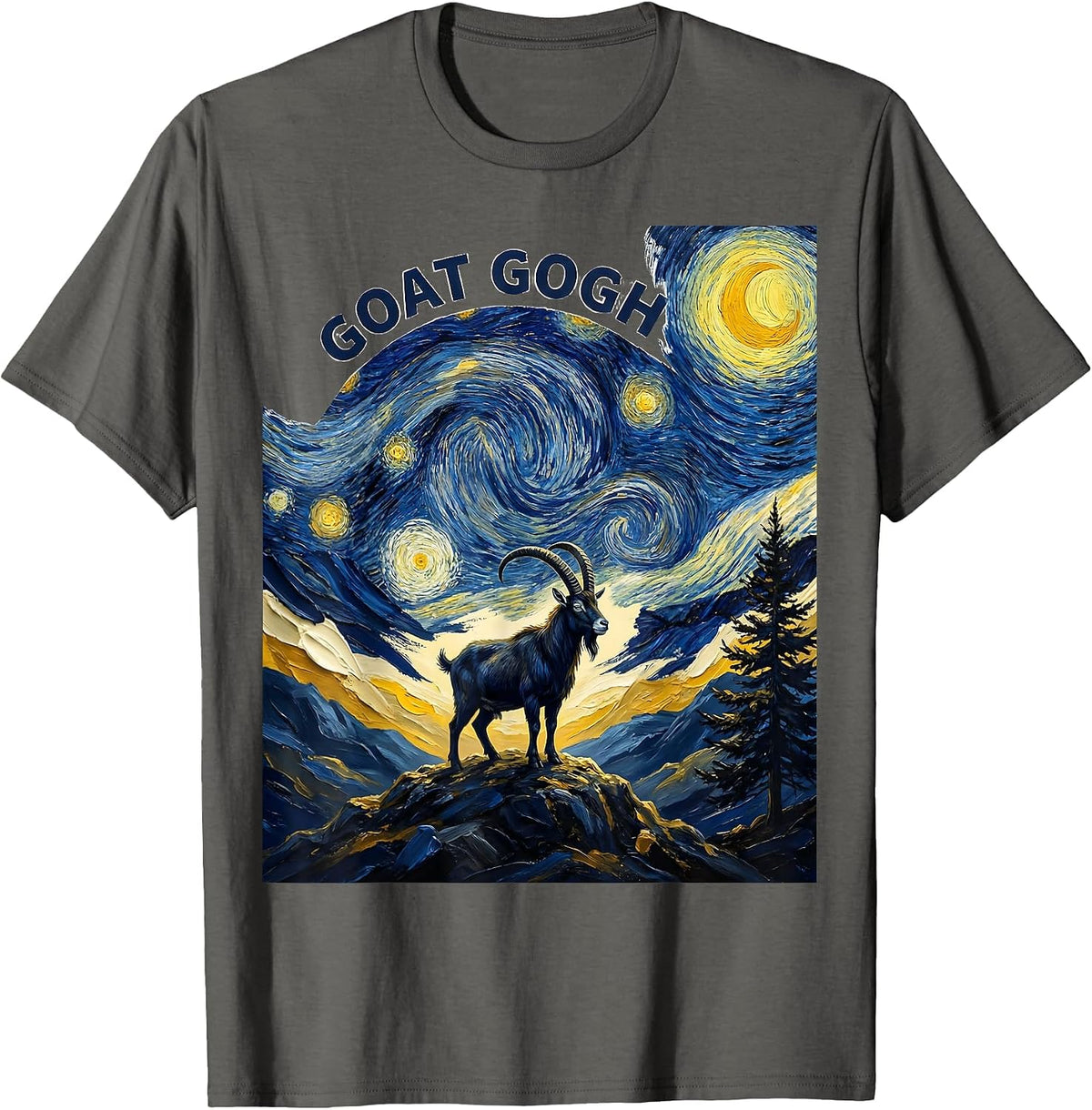 Goat Gogh Whimsical Van Gogh Starry Night Animal Lover T-Shirt - Asphalt Grey