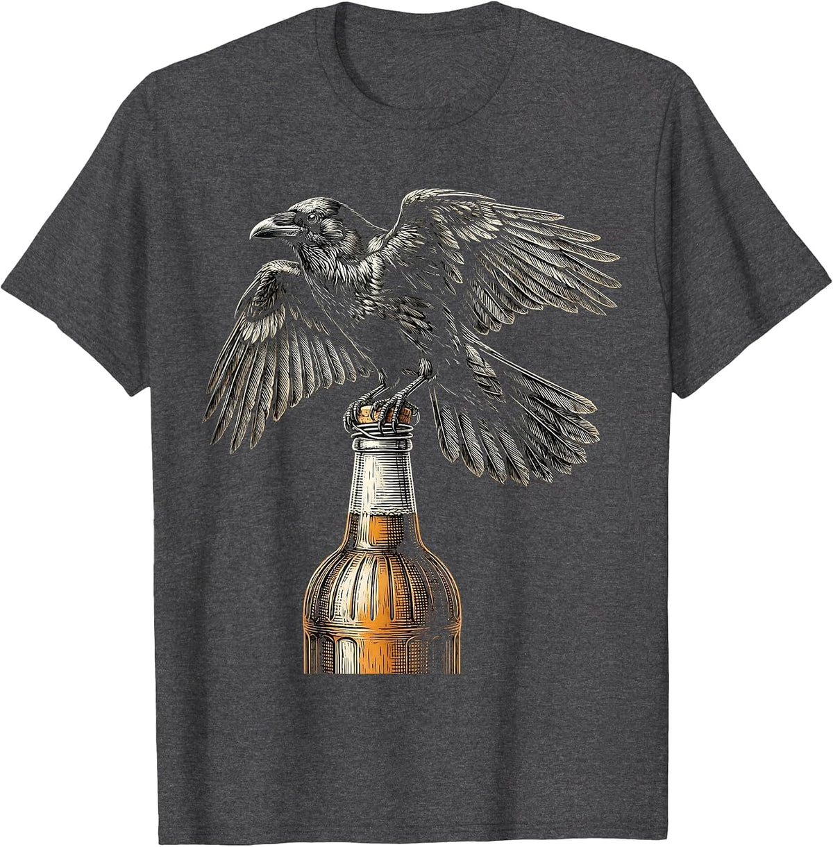Raven on Vintage Beer Bottle Graphic Tee T-Shirt - Dark Heather Grey