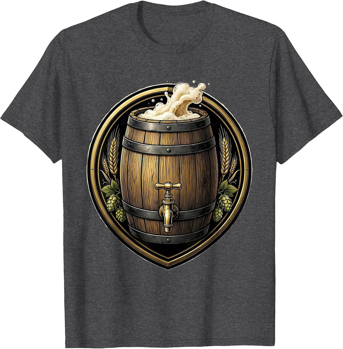 Men's Rustic Beer Barrel with Tap and Foam Graphic T-Shirt - Dark Heather Grey