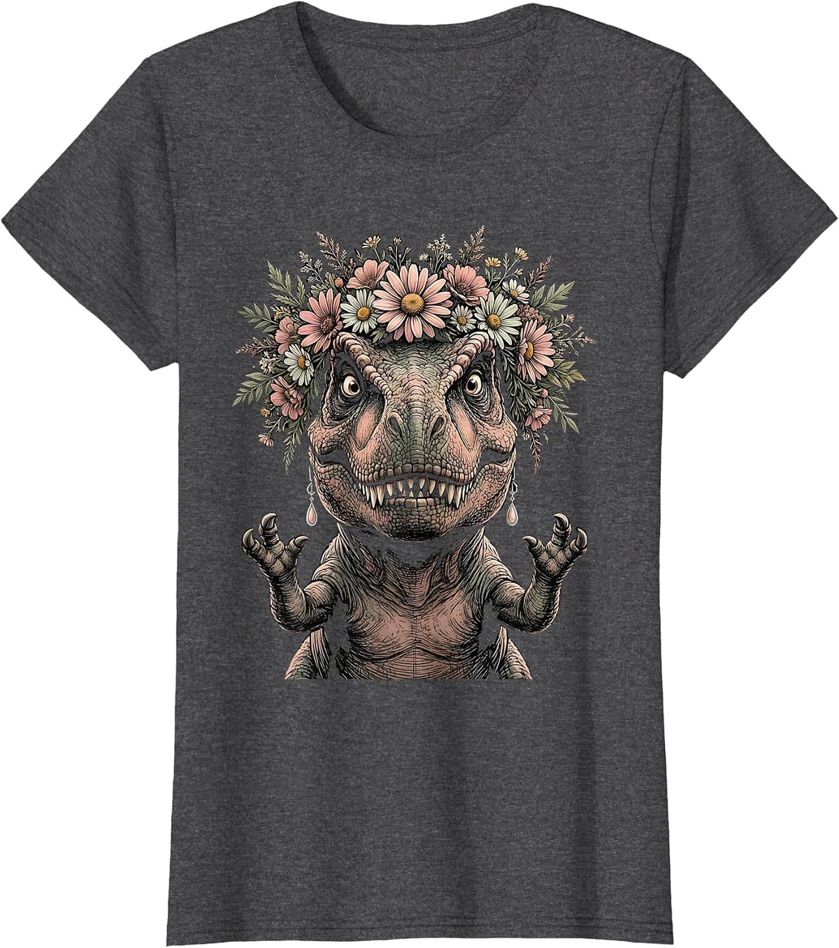 Women's Dinosaur Flower Crown and Earrings Funny Dino T-Shirt - Dark Heather Grey