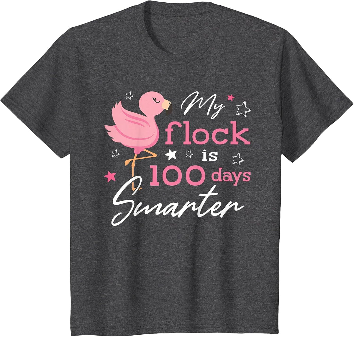 My Flock is 100 Days Smarter Flamingo 100th Day of School T-Shirt - Dark Heather Grey
