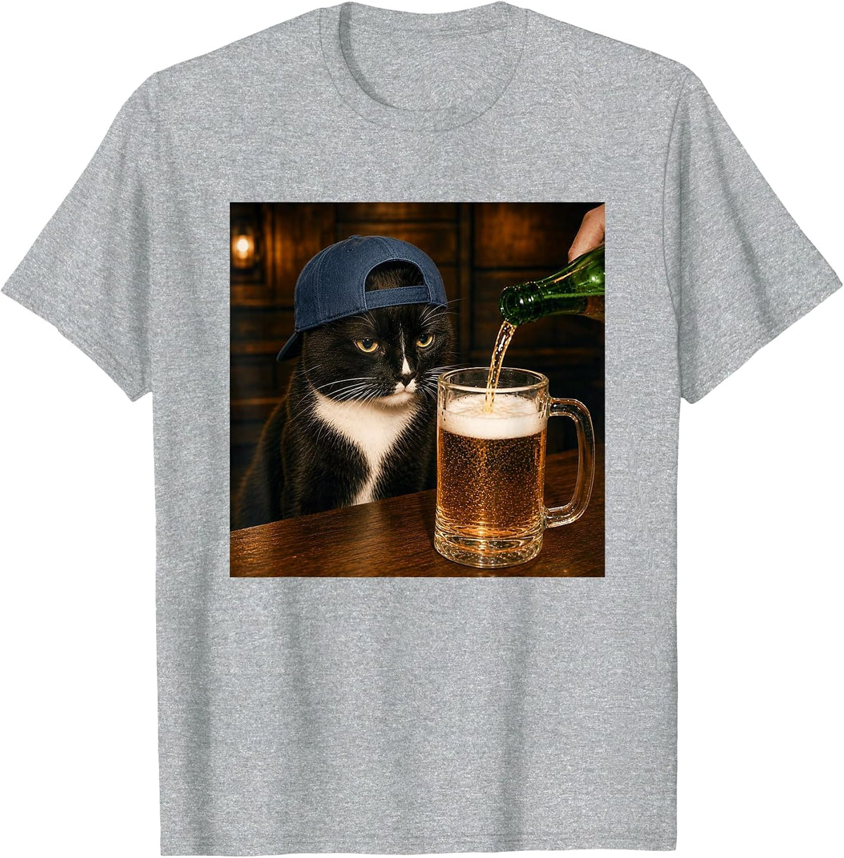 Funny Tuxedo Drinking Beer Cat Meme T-Shirt - Heather Grey
