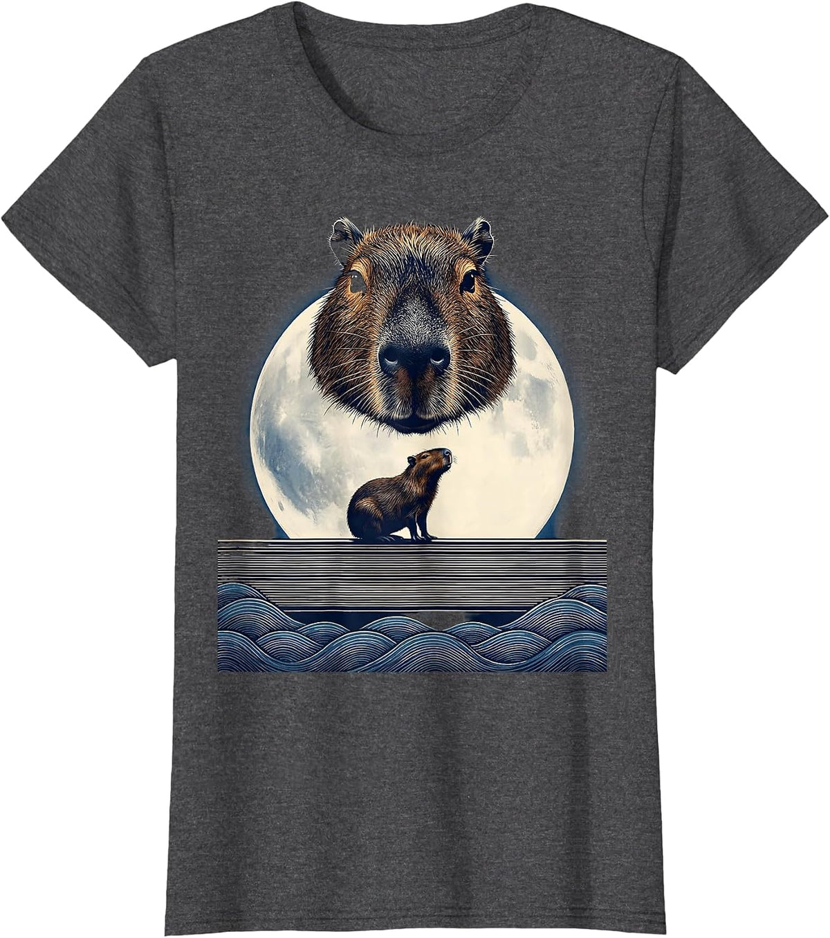 Women's Capybara Head Mask Ukiyo-e Howling Moon Meme T-Shirt - Dark Heather Grey