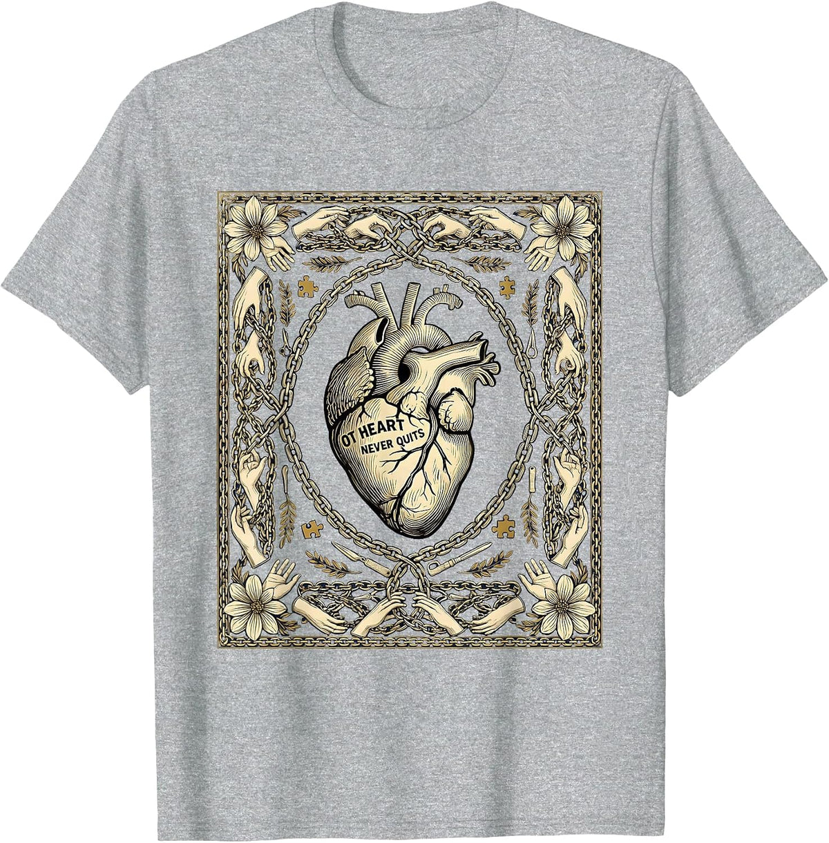 Men's OT Heart Never Quits Occupational Therapy Design T-Shirt - Heather Grey