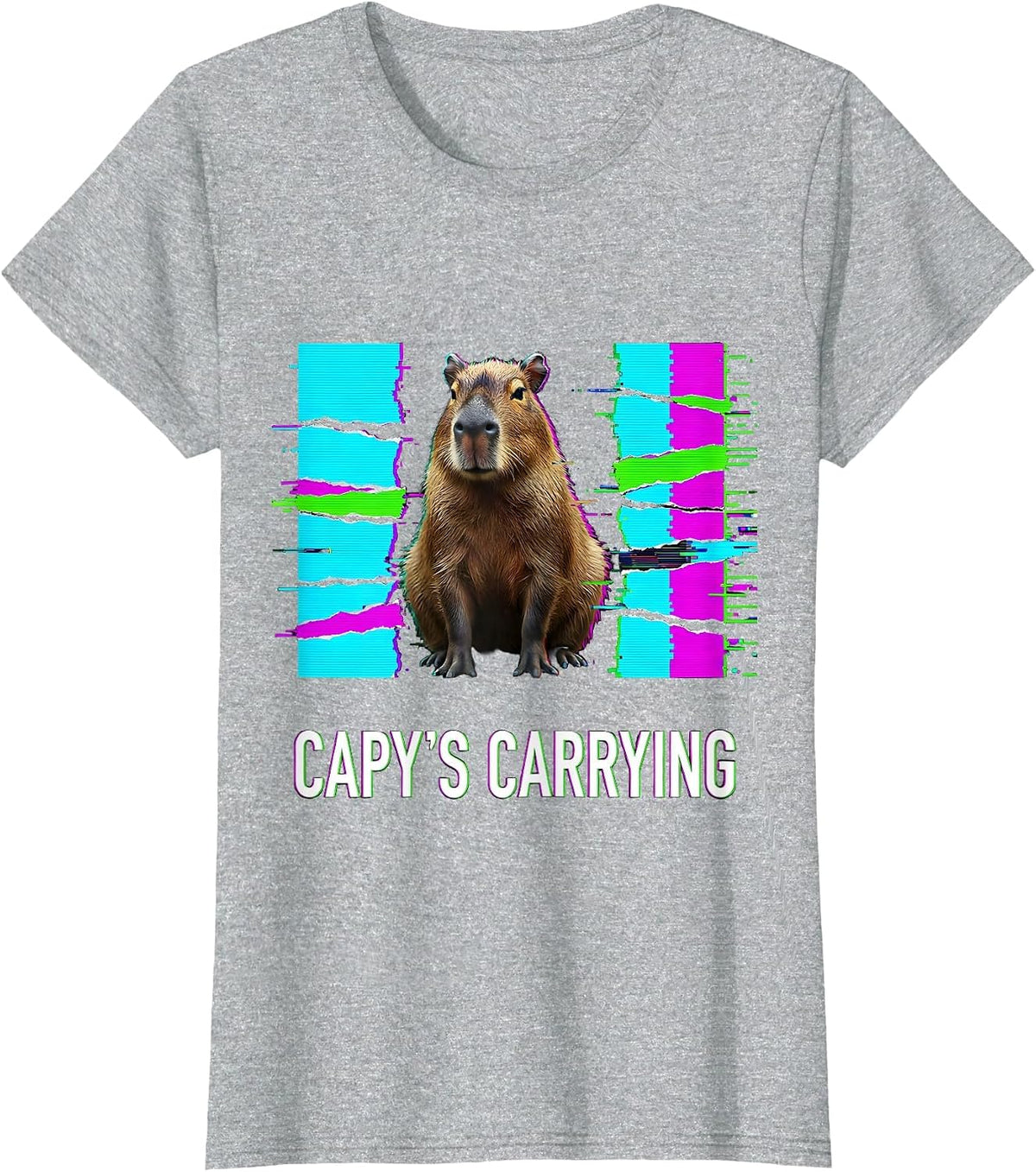 Women's capy's carrying Glitch Datamosh Funny Capybara Meme Animal T-Shirt - Heather Grey