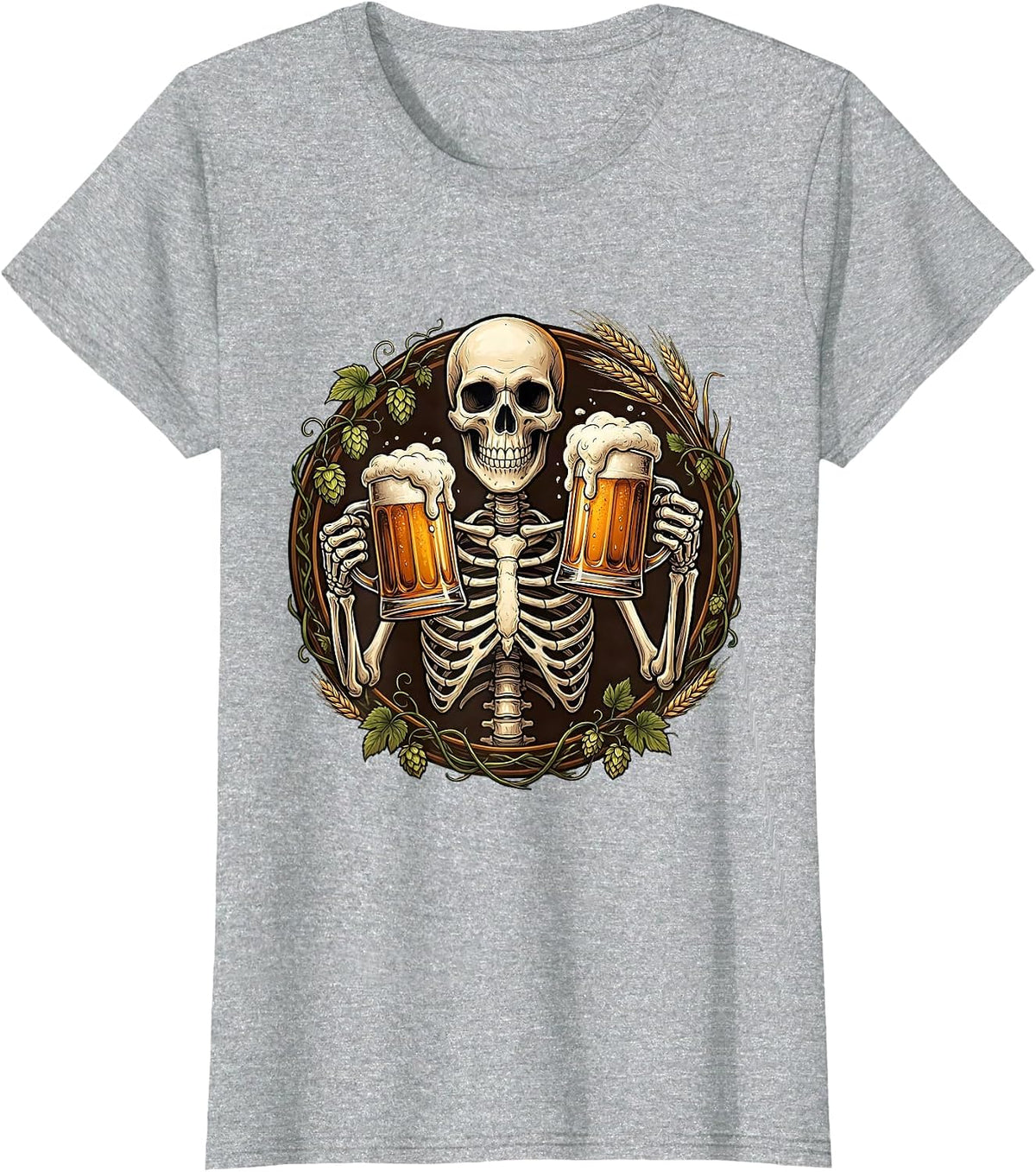 Women's Skeleton Cheers Beer Drinking Skull Graphic T-Shirt - Heather Grey