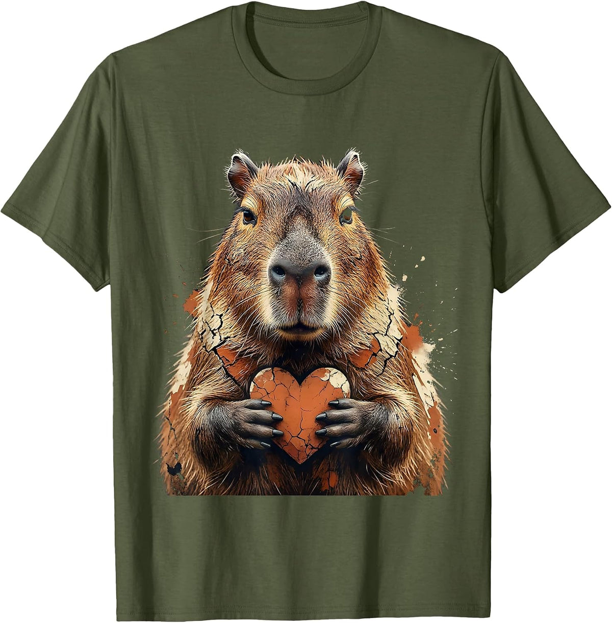Men's Capybara Portrait Distressed Funny Animal Meme Gamer T-Shirt - Olive Green