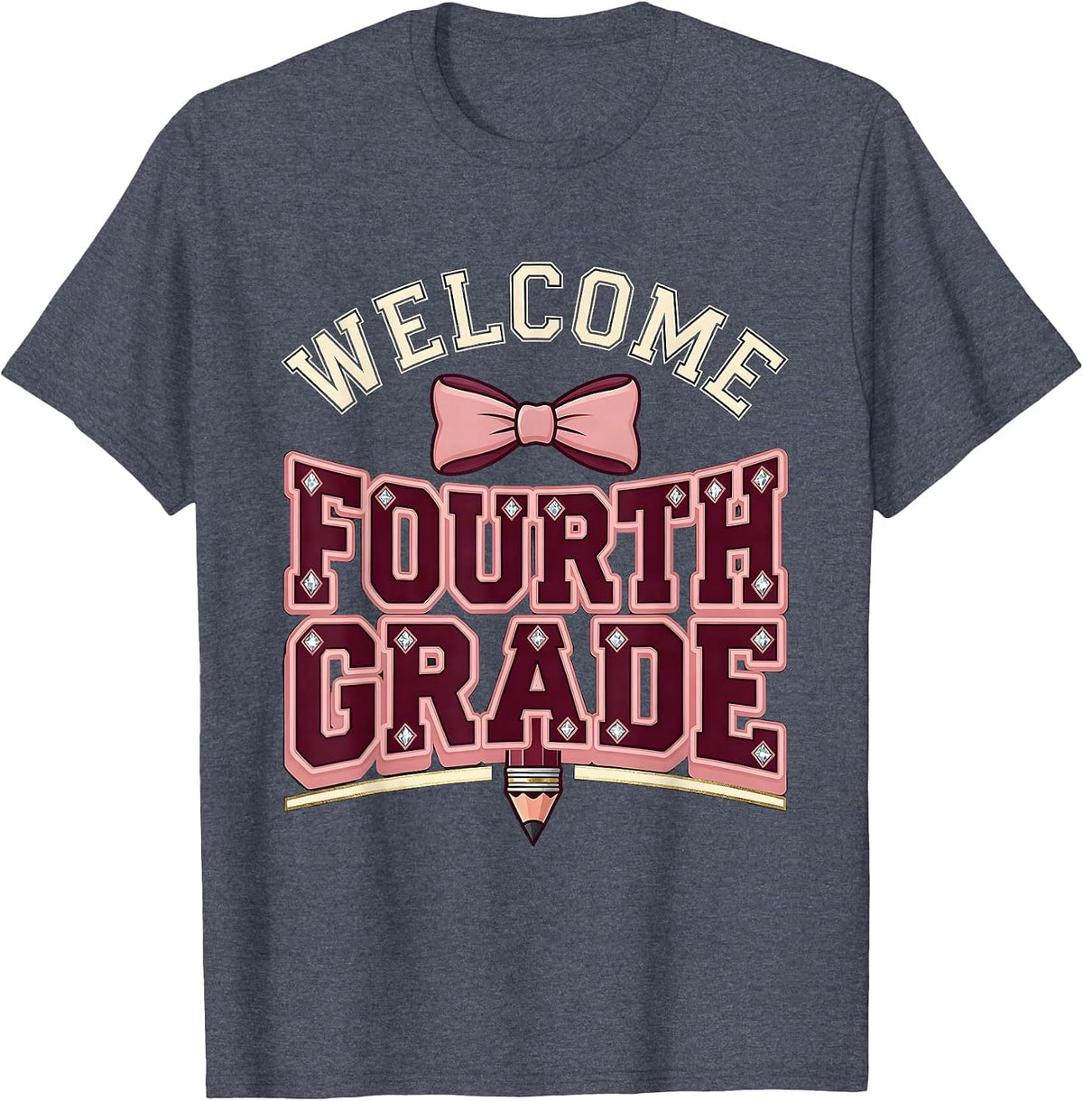 Welcome, Fourth Grade Sparkle Varsity Coquette Bow Back T-Shirt - Heather Blue