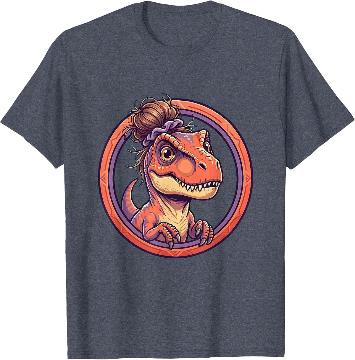 Velociraptor Messy Bun Dinosaur Graphic Tee T-Shirt - Heather Blue