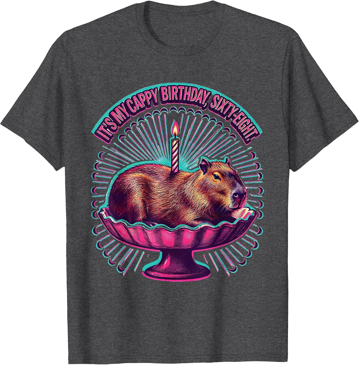 It's My Cappy Birthday Sixty-Eight Risograph Capybara T-Shirt - Dark Heather Grey