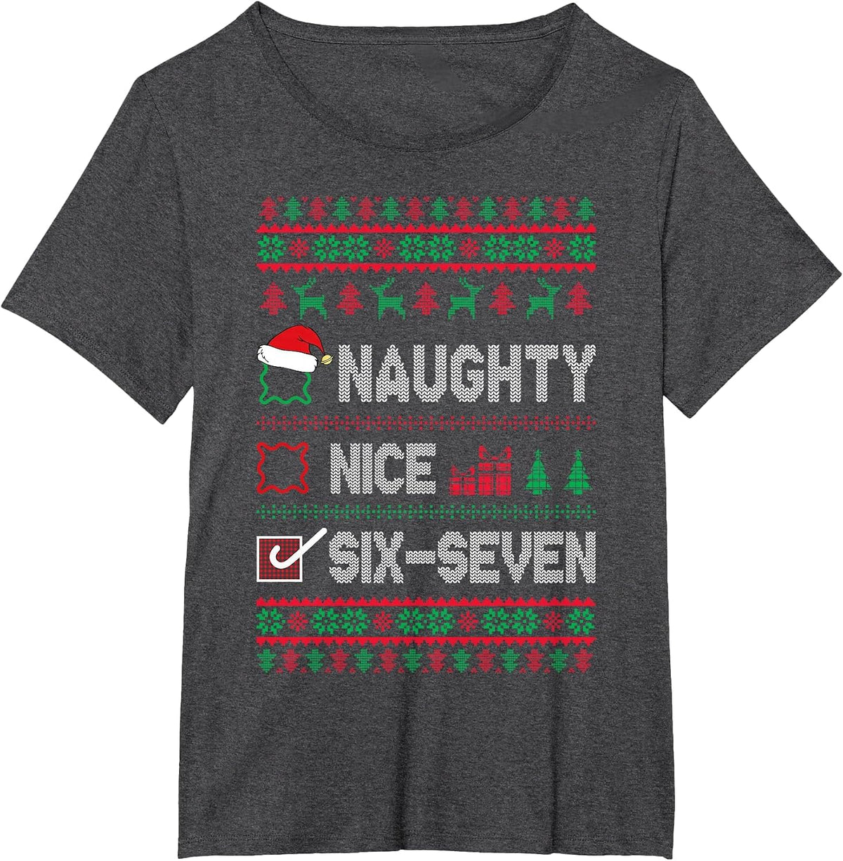Nice Naughty 67 Funny Brainrot Meme Ugly Xmas Six Seven Boys T-Shirt - Dark Heather Grey