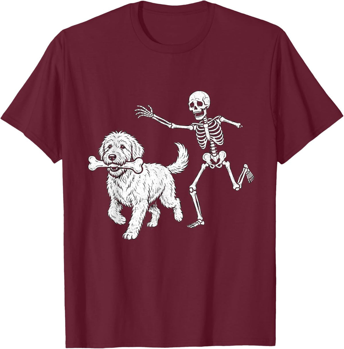 Goldendoodle Stealing Bone from Skeleton Funny Halloween Dog T-Shirt - Burgundy