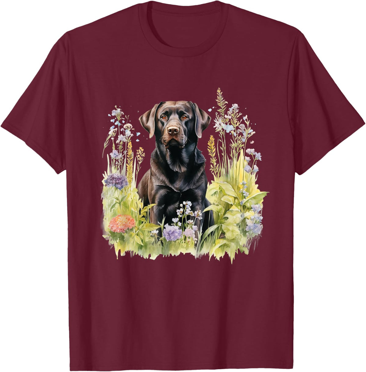 Floral Wildflower Dog Black Labrador Retriever T-Shirt - Burgundy