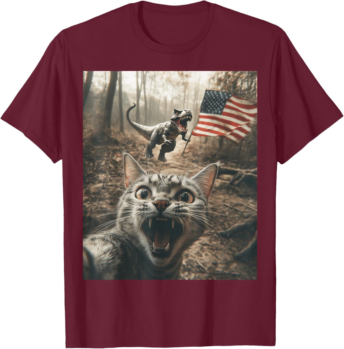 Cat Selfie With Trex Dinosaur USA Flag Patriotic 4th of July Tee T-Shirt - Burgundy