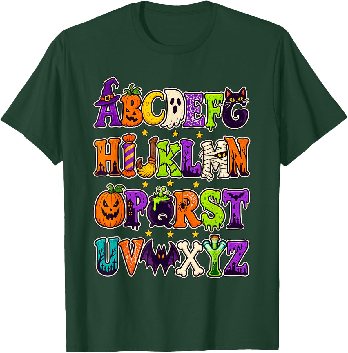 Halloween ABC Teacher Spooky Season Alphabet Letters T-Shirt - Dark Green