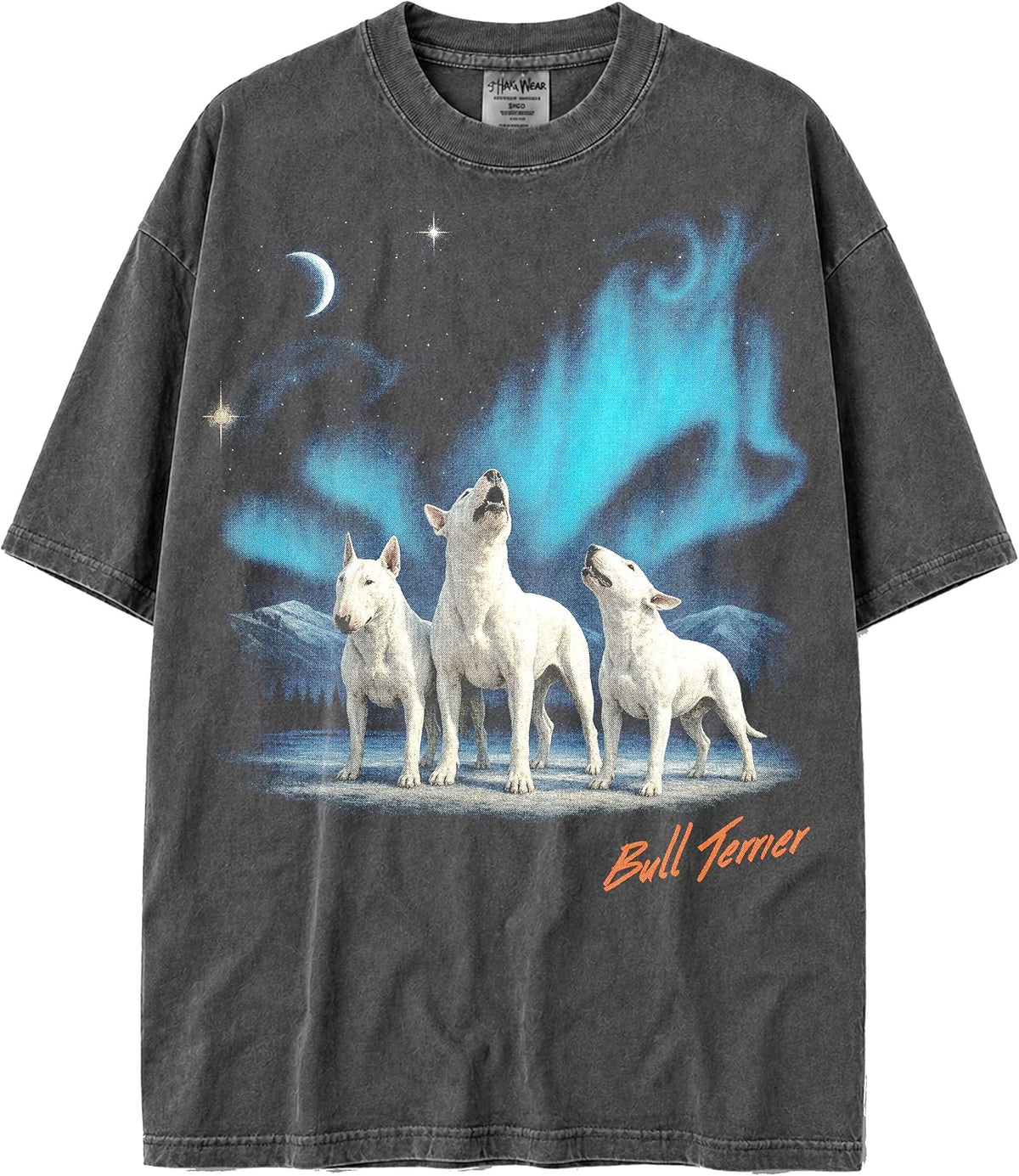 USA Shaka Wear Max-Heavyweight Oversized 7.5oz 100% Faded Cotton Tshirt of Dogs Howling at the Moon in Aurora Borealis -