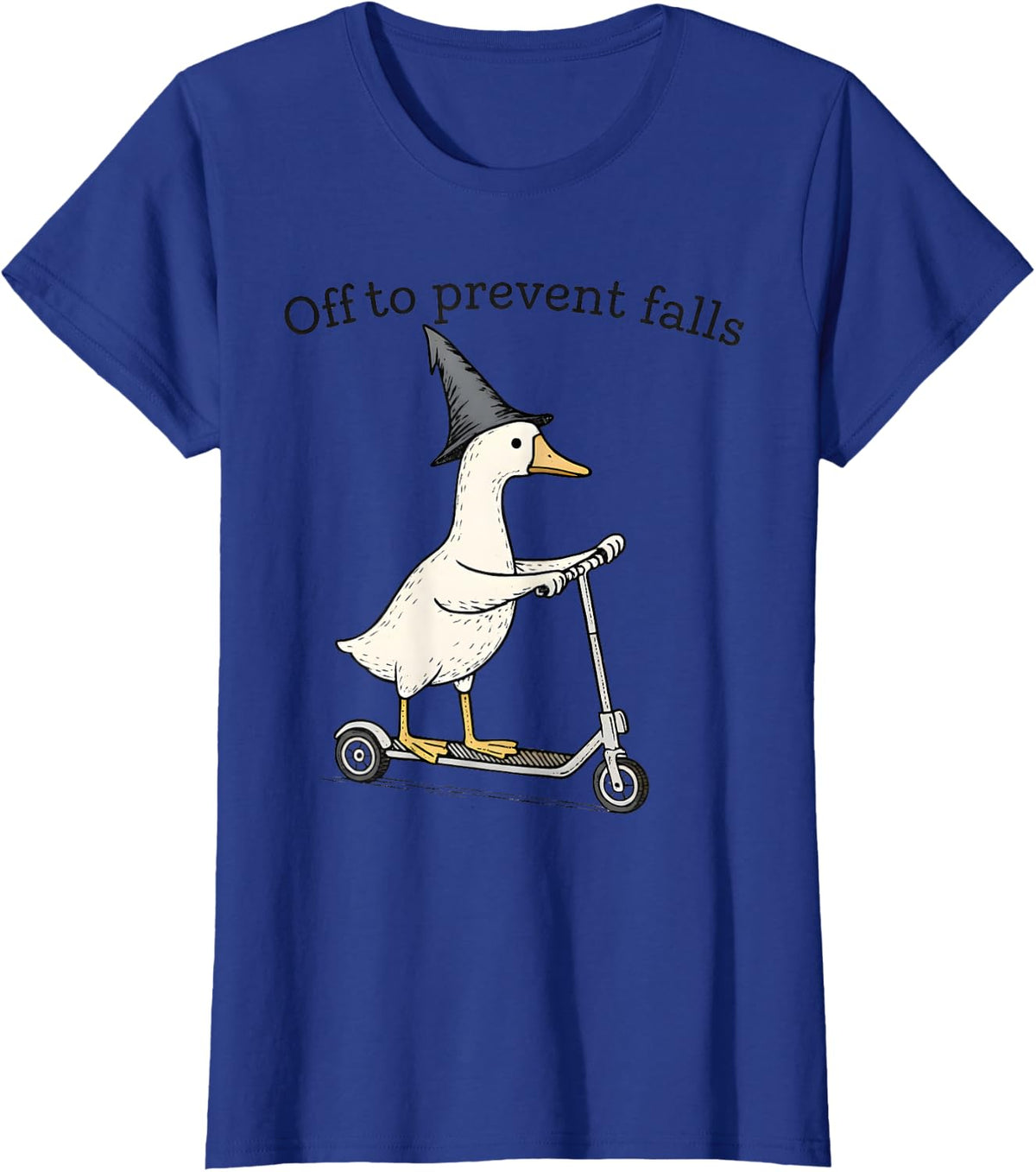 Fall Prevention PT OT Nurse Funny Goose Witch On Scooter Tees T Shirts - Royal Blue