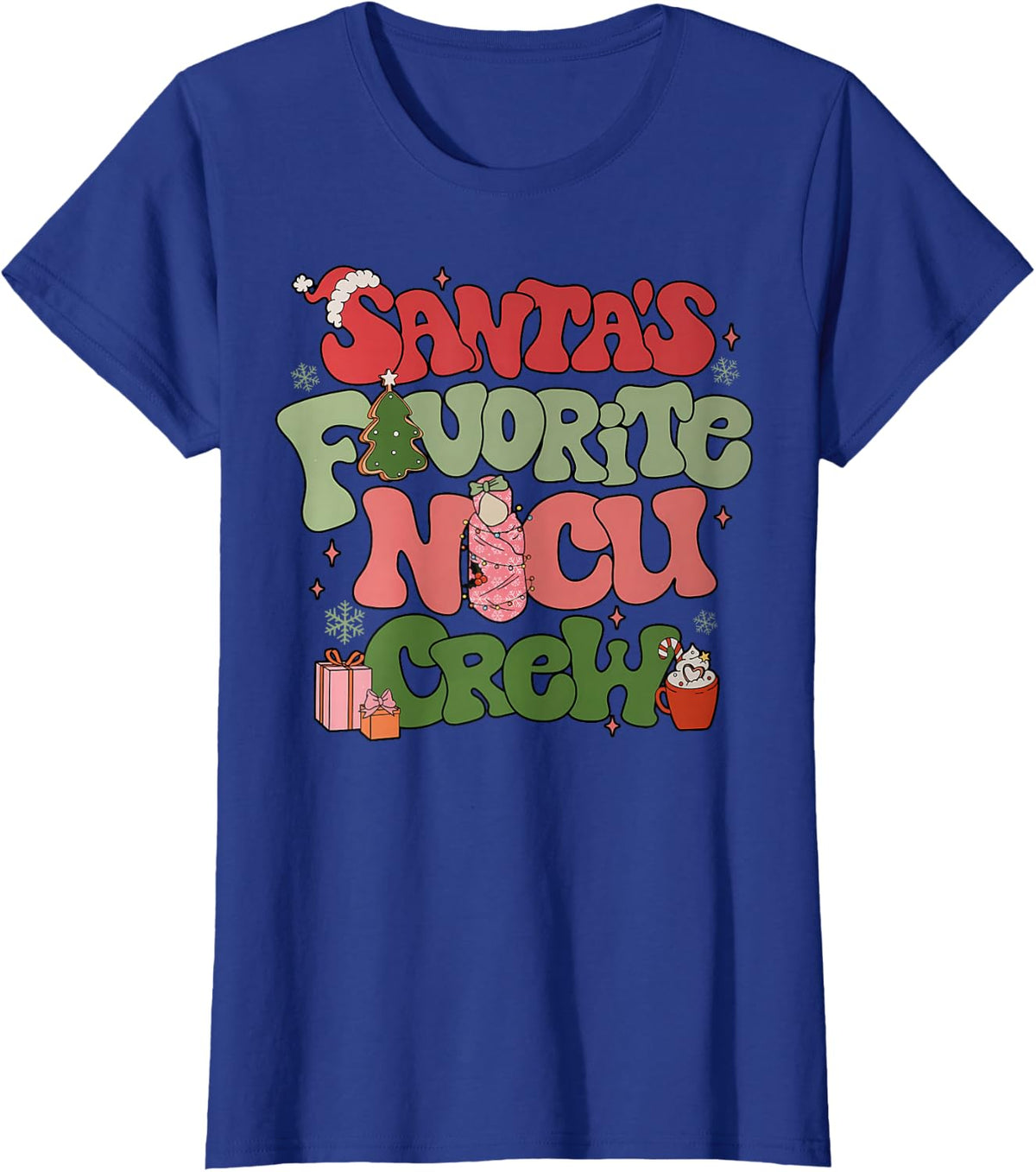Retro Groovy Santa's favorite Nicu Crew Nurse Neonatal ICU T-Shirt - Royal Blue