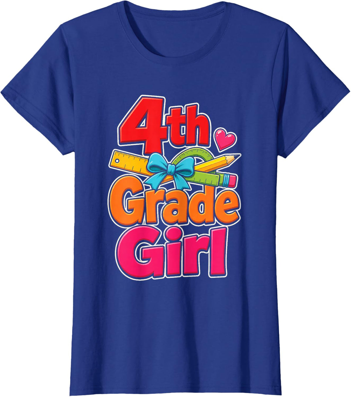 4th Grade Girl First Day Hearts Bows Ruler Protractor T-Shirt - Royal Blue