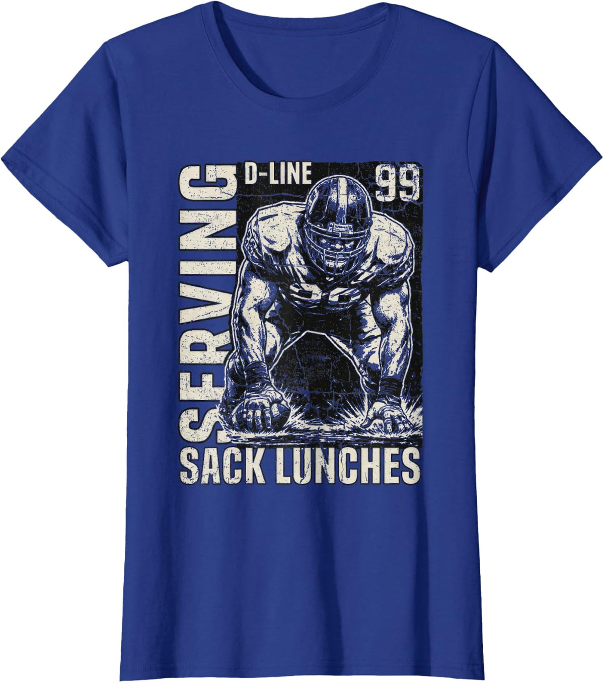 Serving Sack Lunches Football Defensive Lineman Distressed T-Shirt - Royal Blue