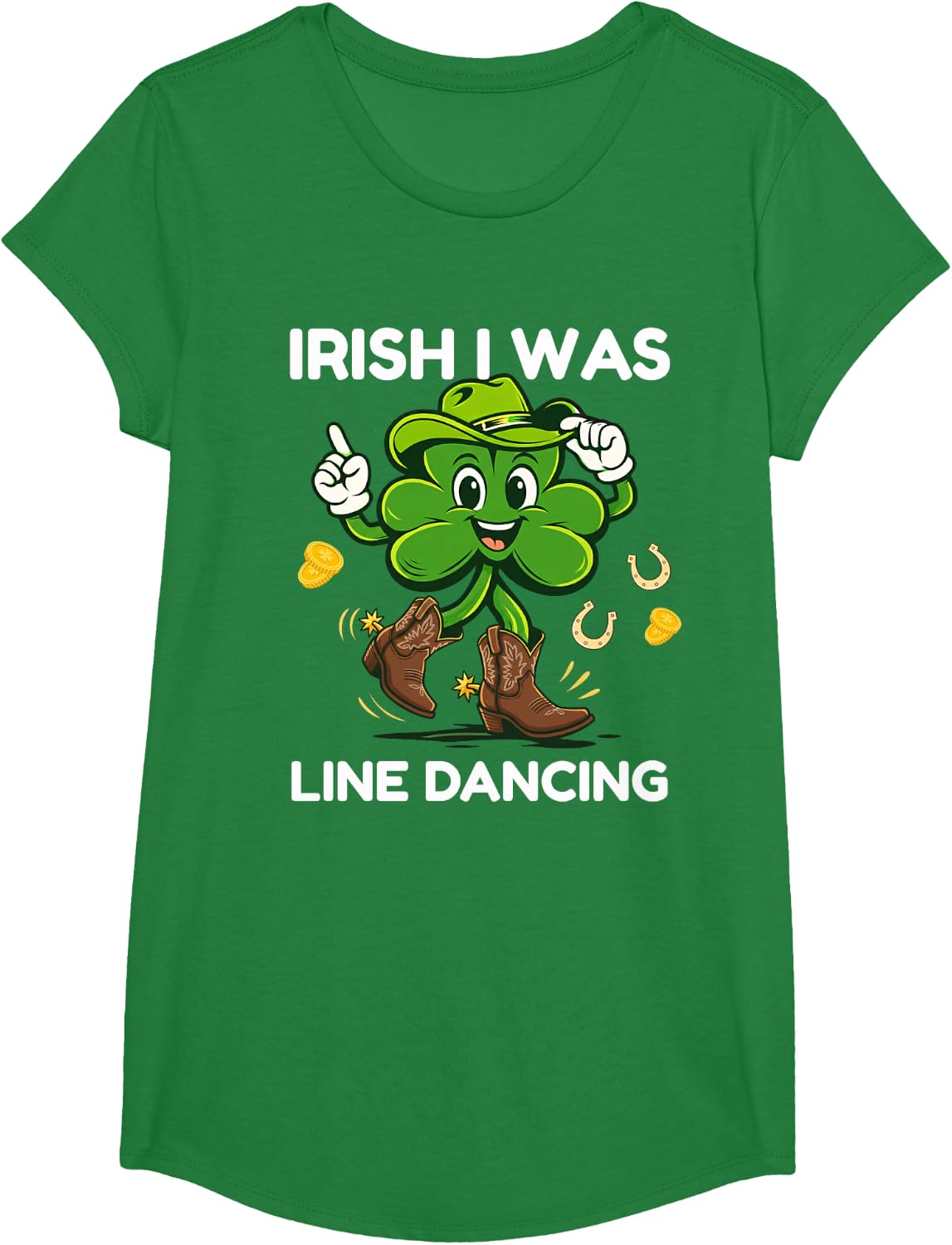 Irish I was Line Dancing Funny St Patricks Day Clover Dancer T-Shirt - Girls Kelly Green