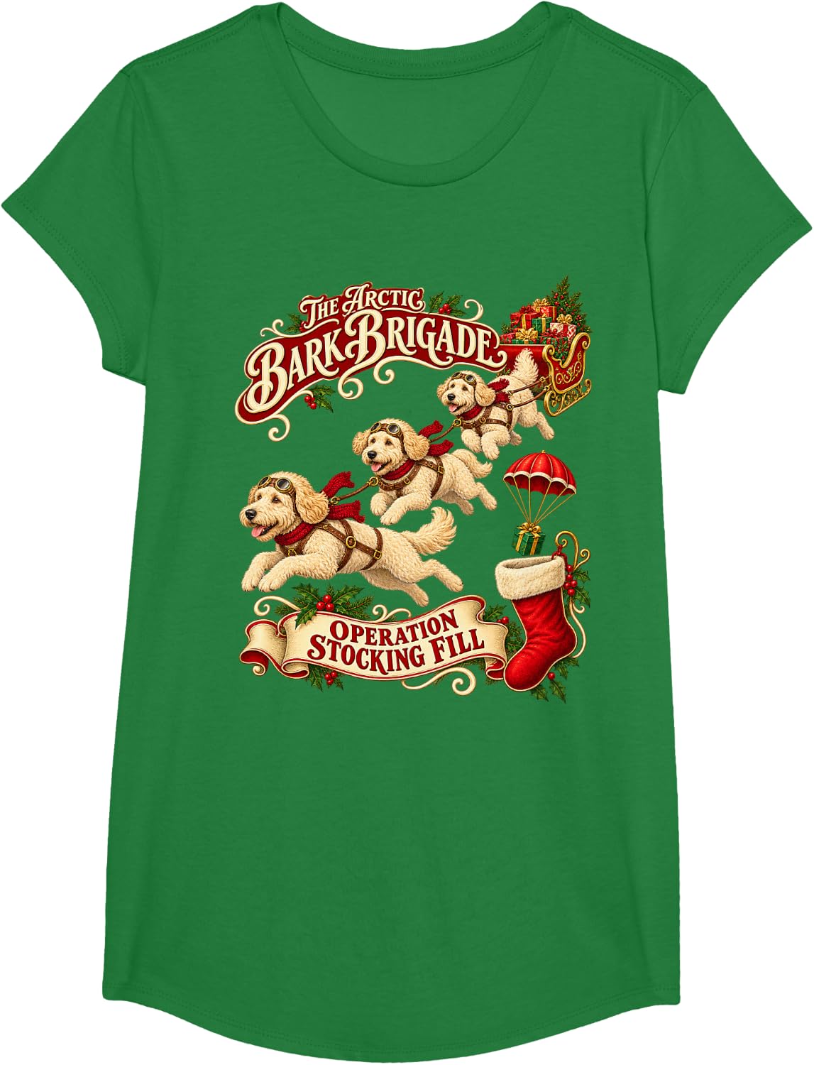 Labradoodle Dog Doodle Vintage Christmas T-Shirt - Girls Kelly Green
