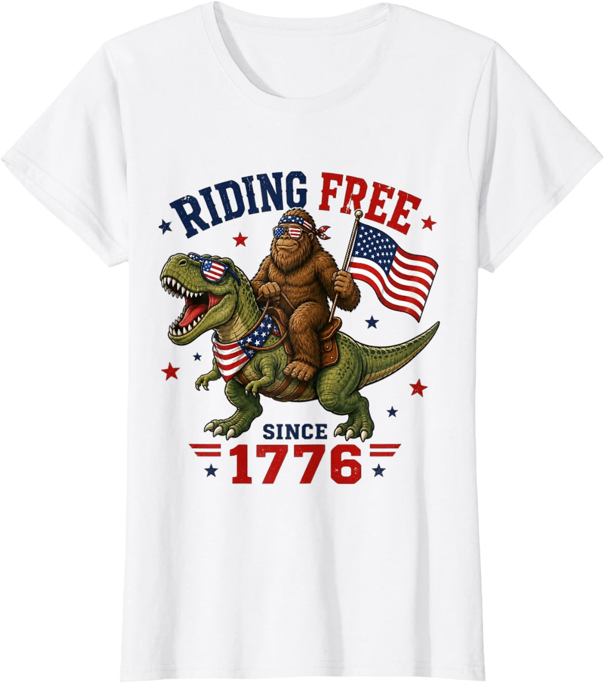 4th of July Bigfoot Dinosaur USA Flag Boys Kids Men T-Shirt - White
