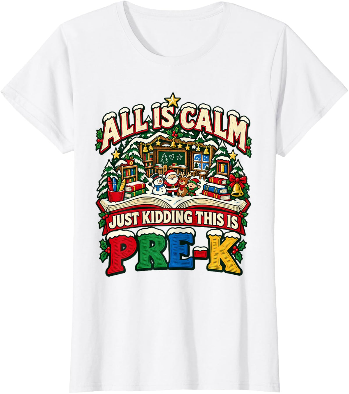 Vintage Christmas Pre-K Teacher - Storybook Classroom Santa T-Shirt - White