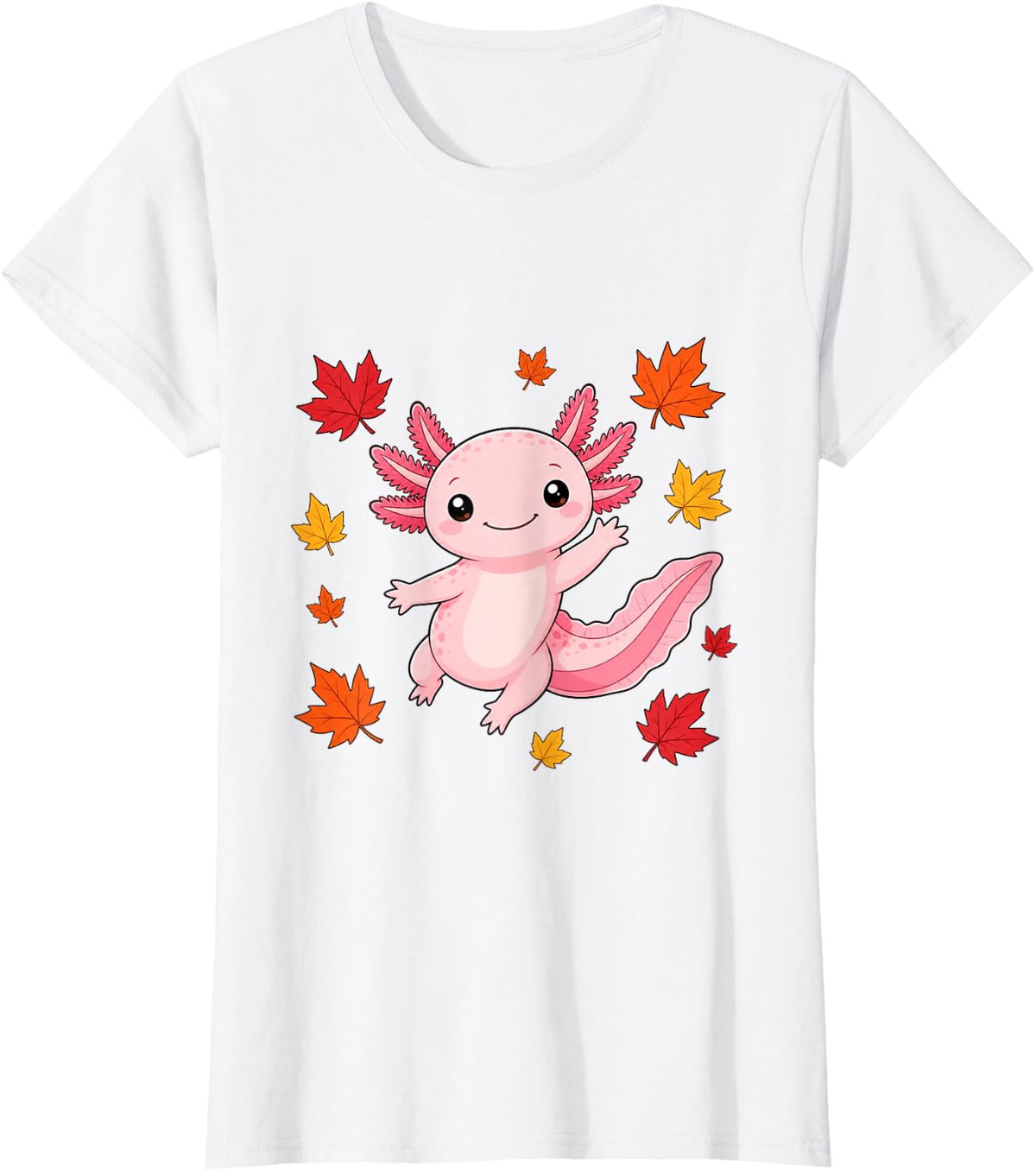 Cute Pink Axolotl Fall Autumn Leaves T-Shirt - White