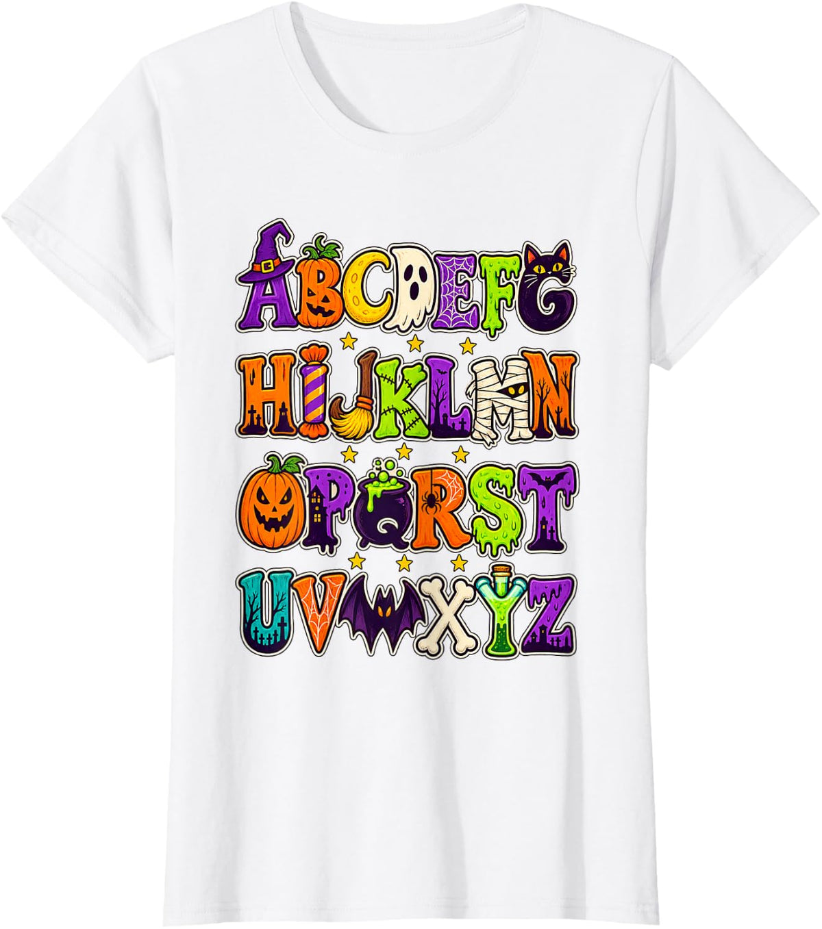 Halloween ABC Teacher Spooky Season Alphabet Letters T-Shirt - White