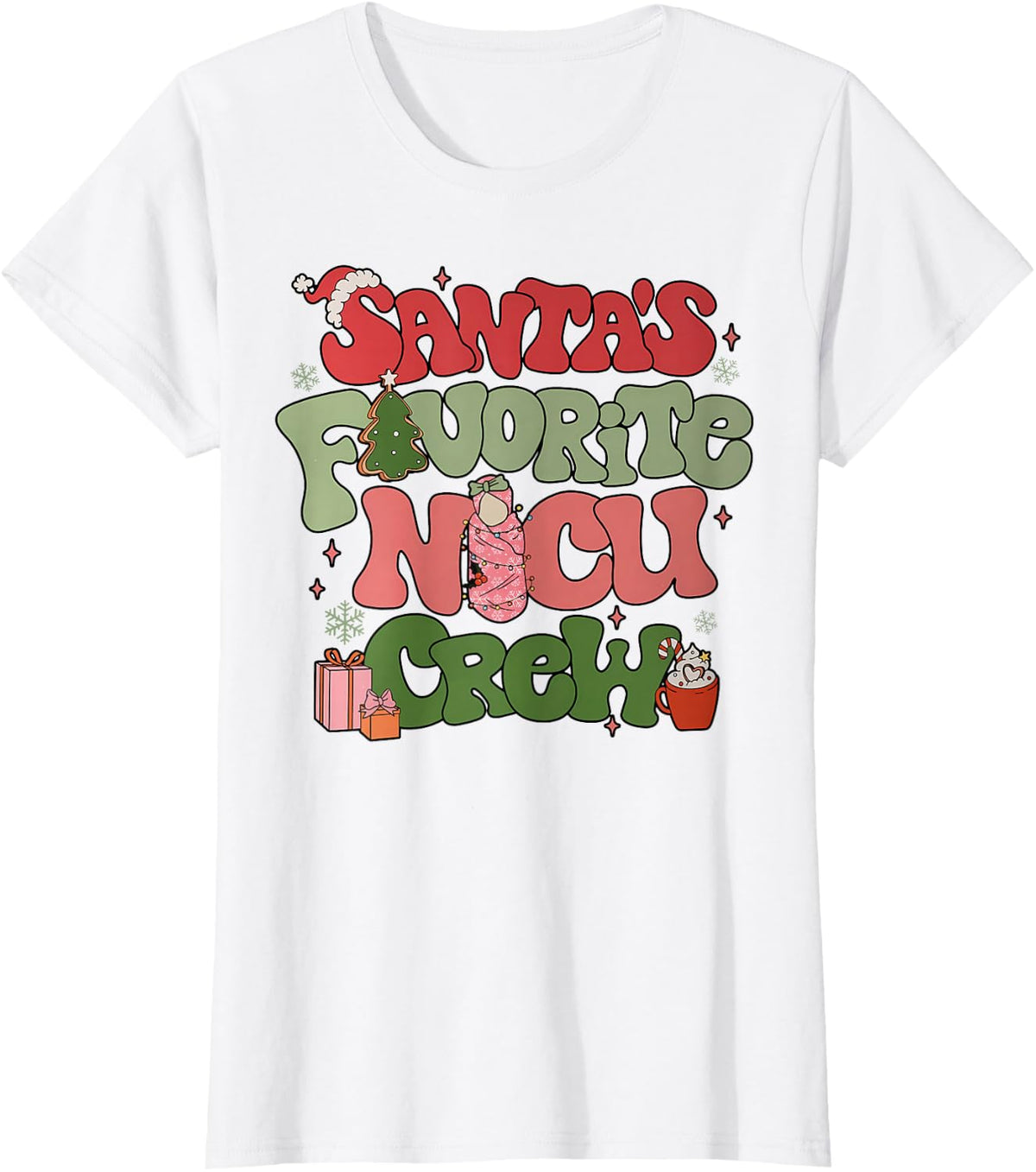 Retro Groovy Santa's favorite Nicu Crew Nurse Neonatal ICU T-Shirt - White