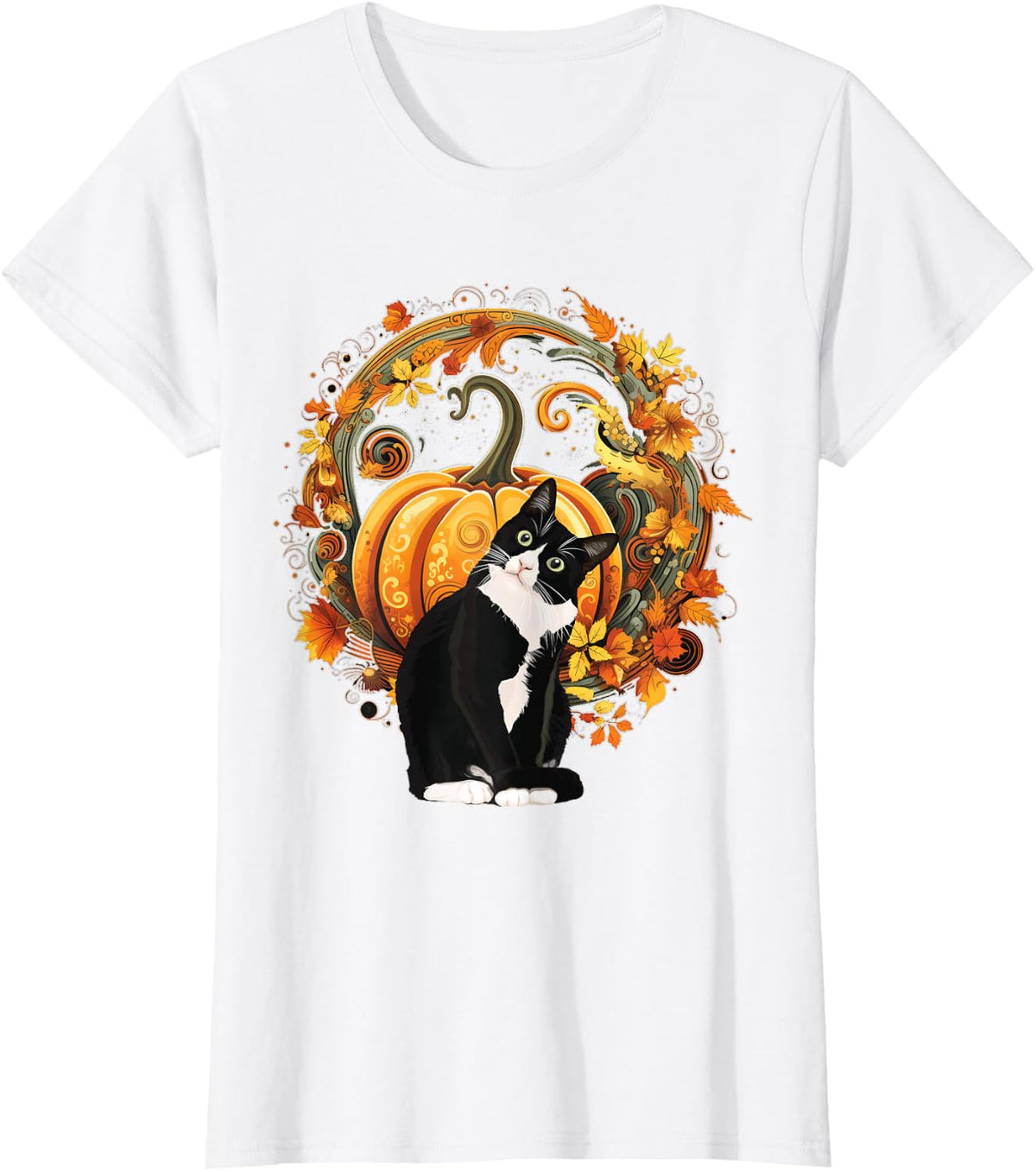 Tuxedo Cat Halloween Lazy Costume Autumn Fall Wreath T-Shirt - White