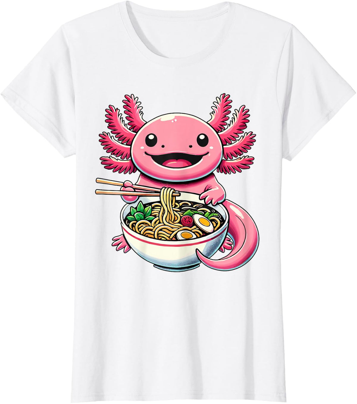 Kawaii Axolotl Eating Ramen Noodles Axolotl T-Shirt - White
