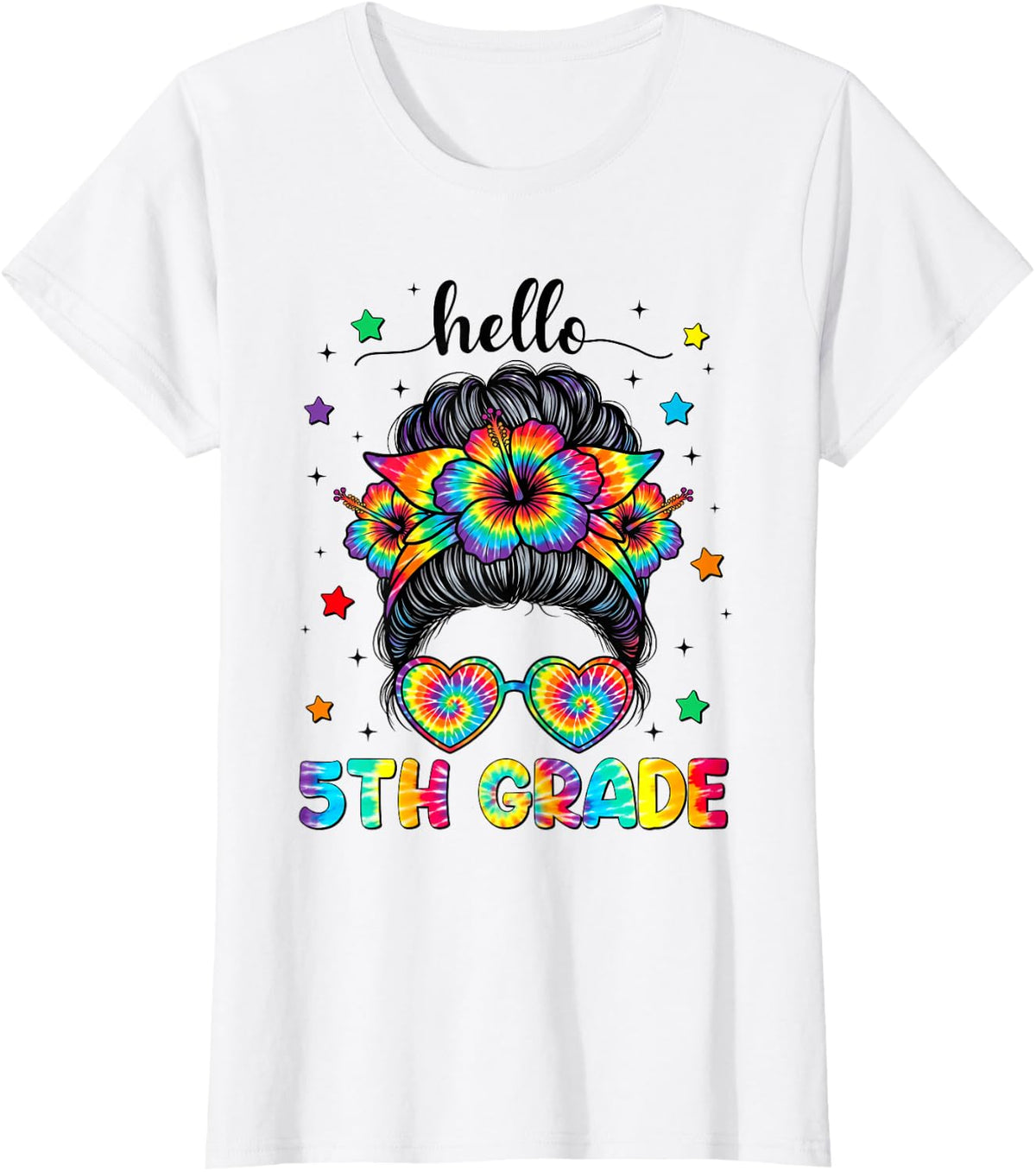 Back to School First Day Hello 5th Grade Messy Bun Girls T-Shirt - White