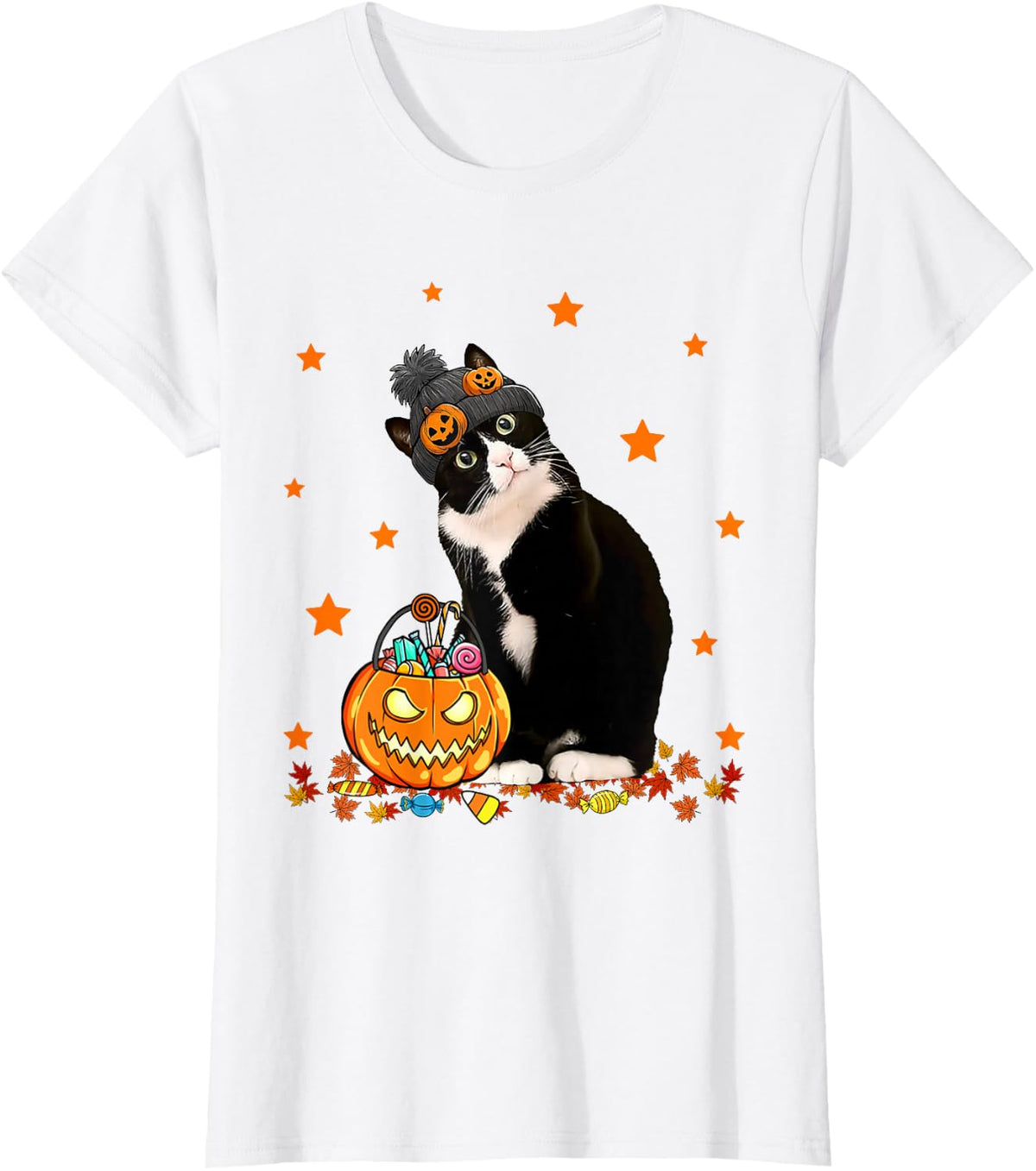Tuxedo Cat and Pumpkin Candy Funny Halloween T-Shirt - White