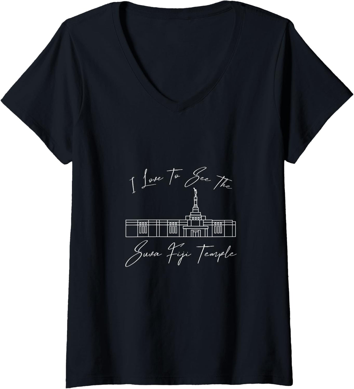 Women's SUVA Fiji Temple, I Love to See My Temple, Calligraphy V-Neck T-Shirt - Black