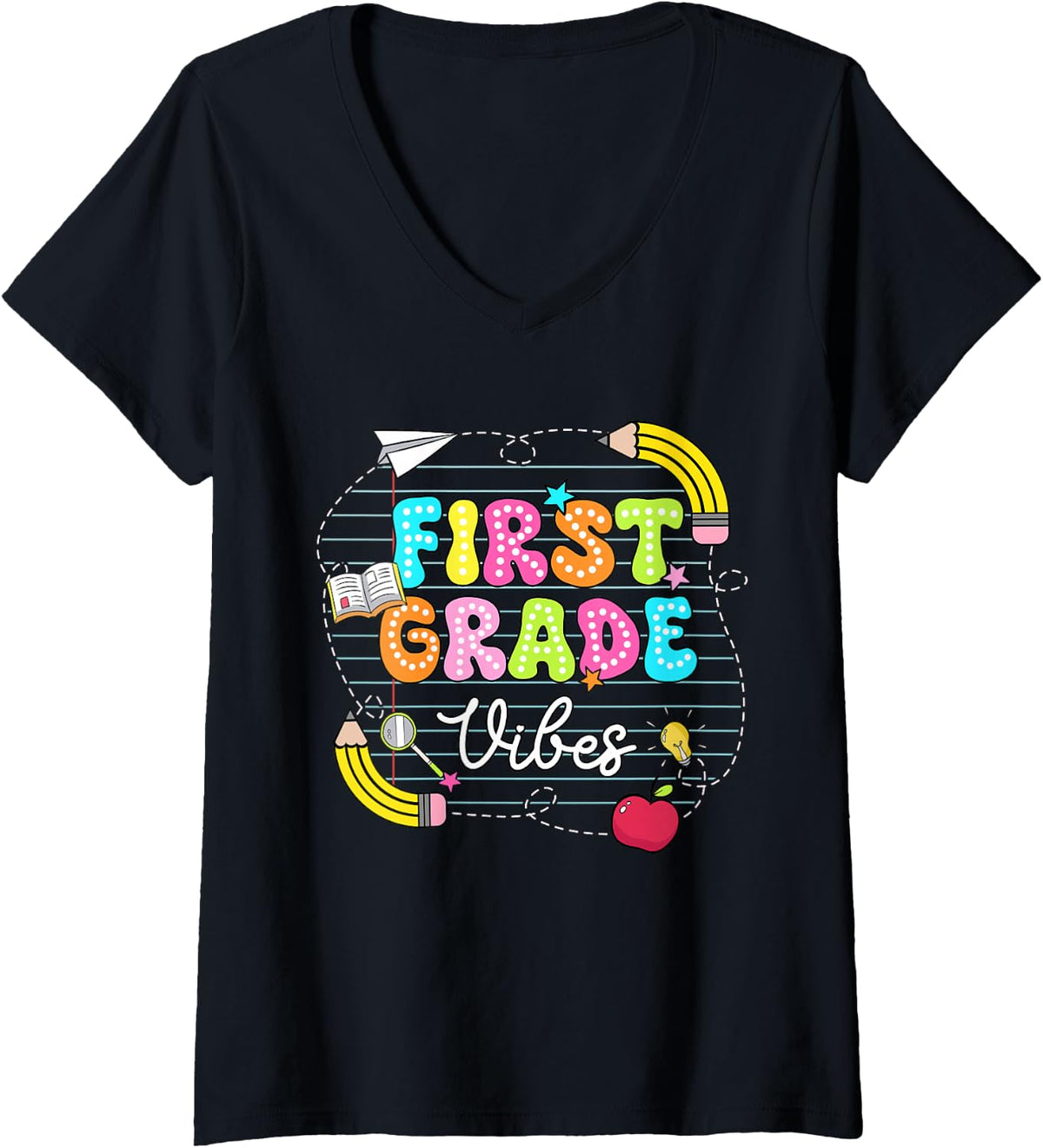 Women's First Grade Vibes First Day Back to School Student Teacher V-Neck T-Shirt - Black