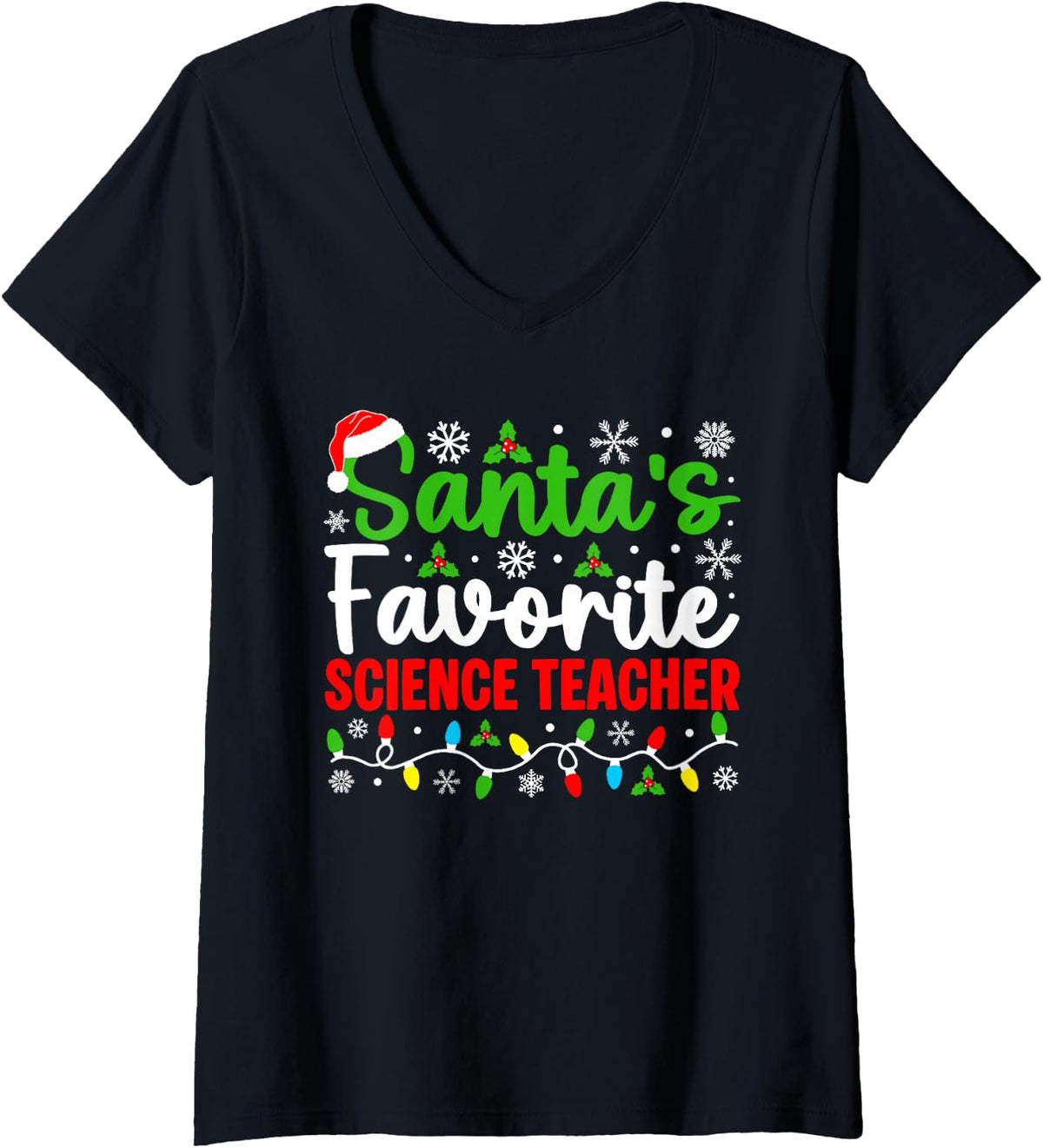 Women's Santa's Favorite Science Teacher Funny Christmas V-Neck T-Shirt - Black