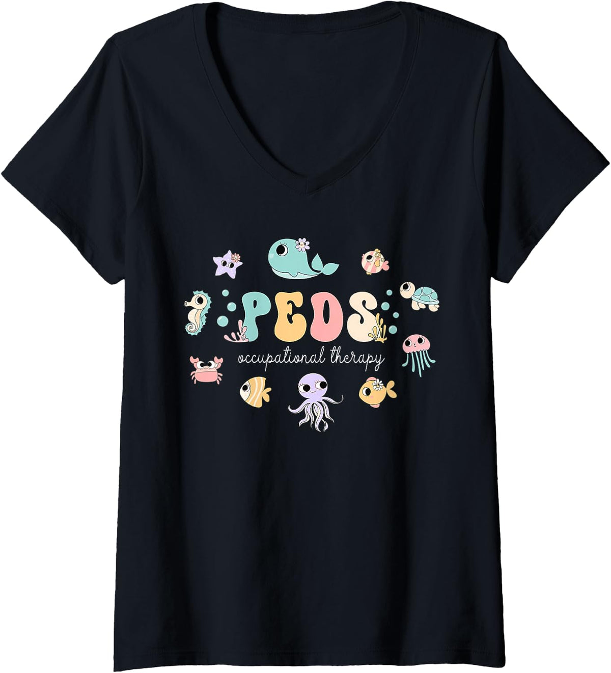 Women's PEDS Occupational Therapy Ocean Animal Pediatric OT Therapy V-Neck T-Shirt - Black