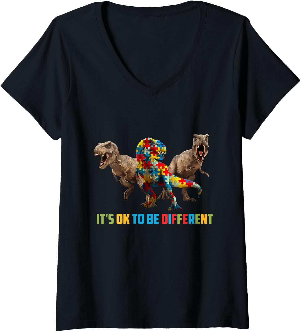 Women's It's Ok to Be Different Dinosaur Funny Autism Awareness Tees V-Neck T-Shirt - Black