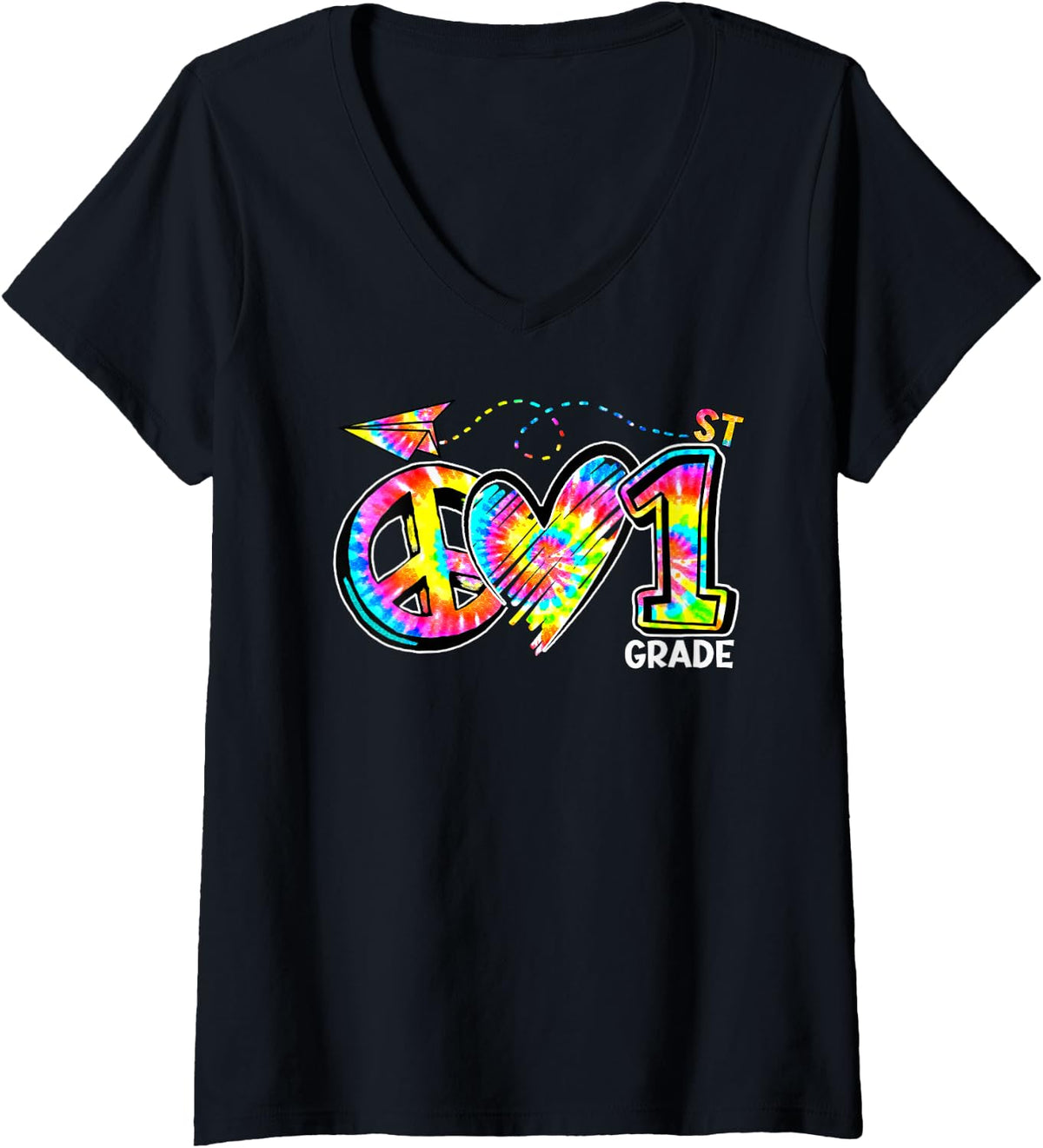 Women's Peace Love and 1st Grade Girl Boy Kids Teacher Tie-dye V-Neck T-Shirt - Black