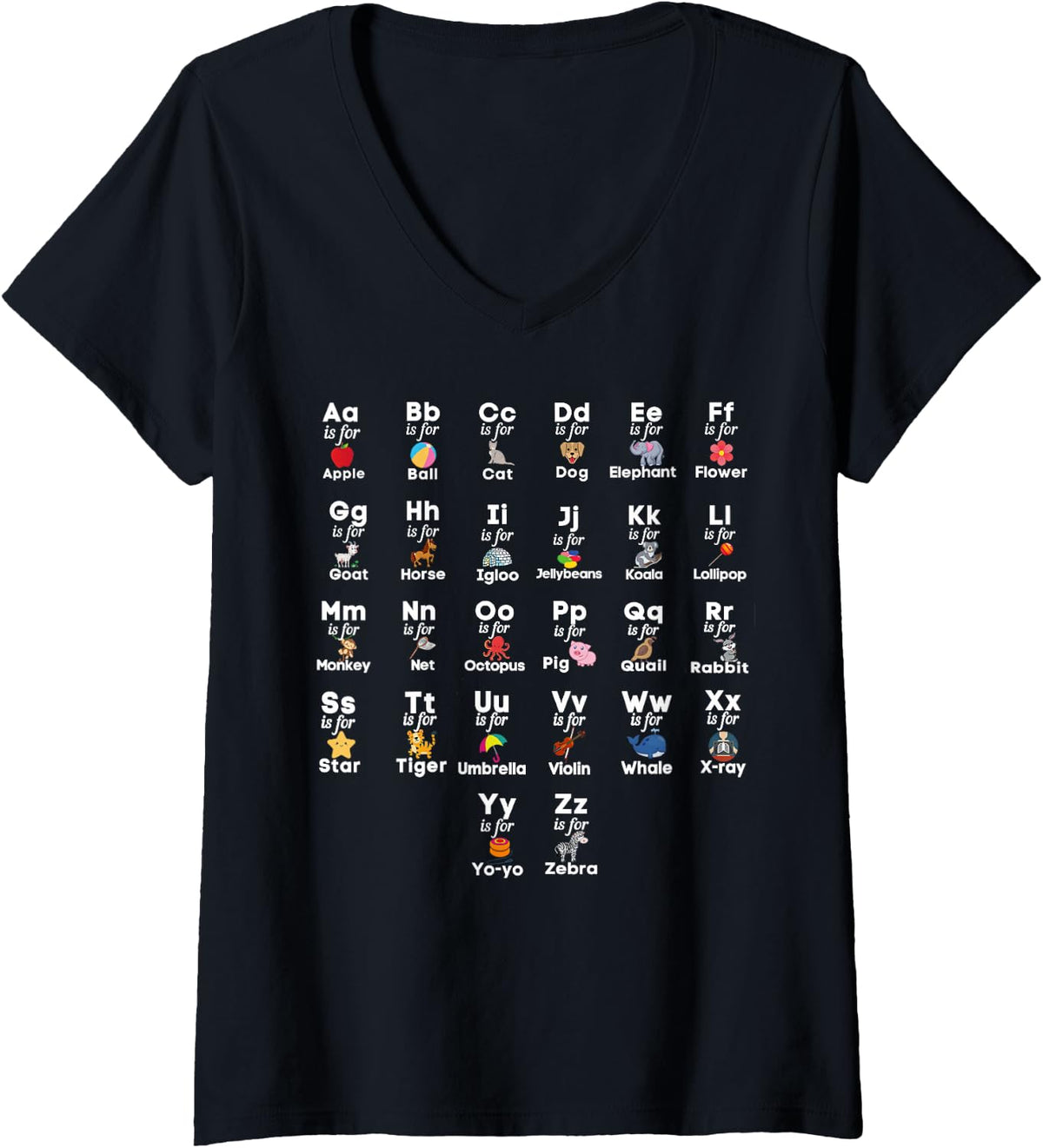 Women's A to Z Alphabet Pre-School Kindergarten Teacher Student Kids V-Neck T-Shirt - Black