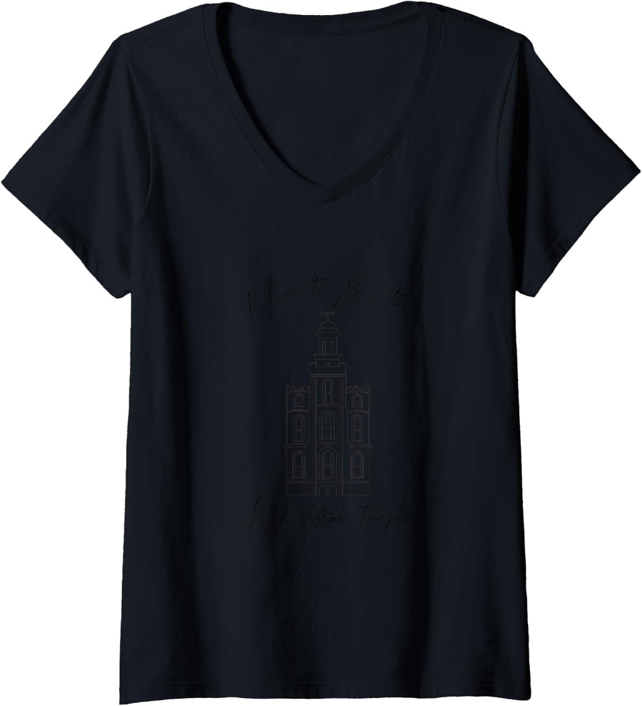 Women's Logan Utah Temple, I Love to See My Temple, Calligraphy V-Neck T-Shirt - Black