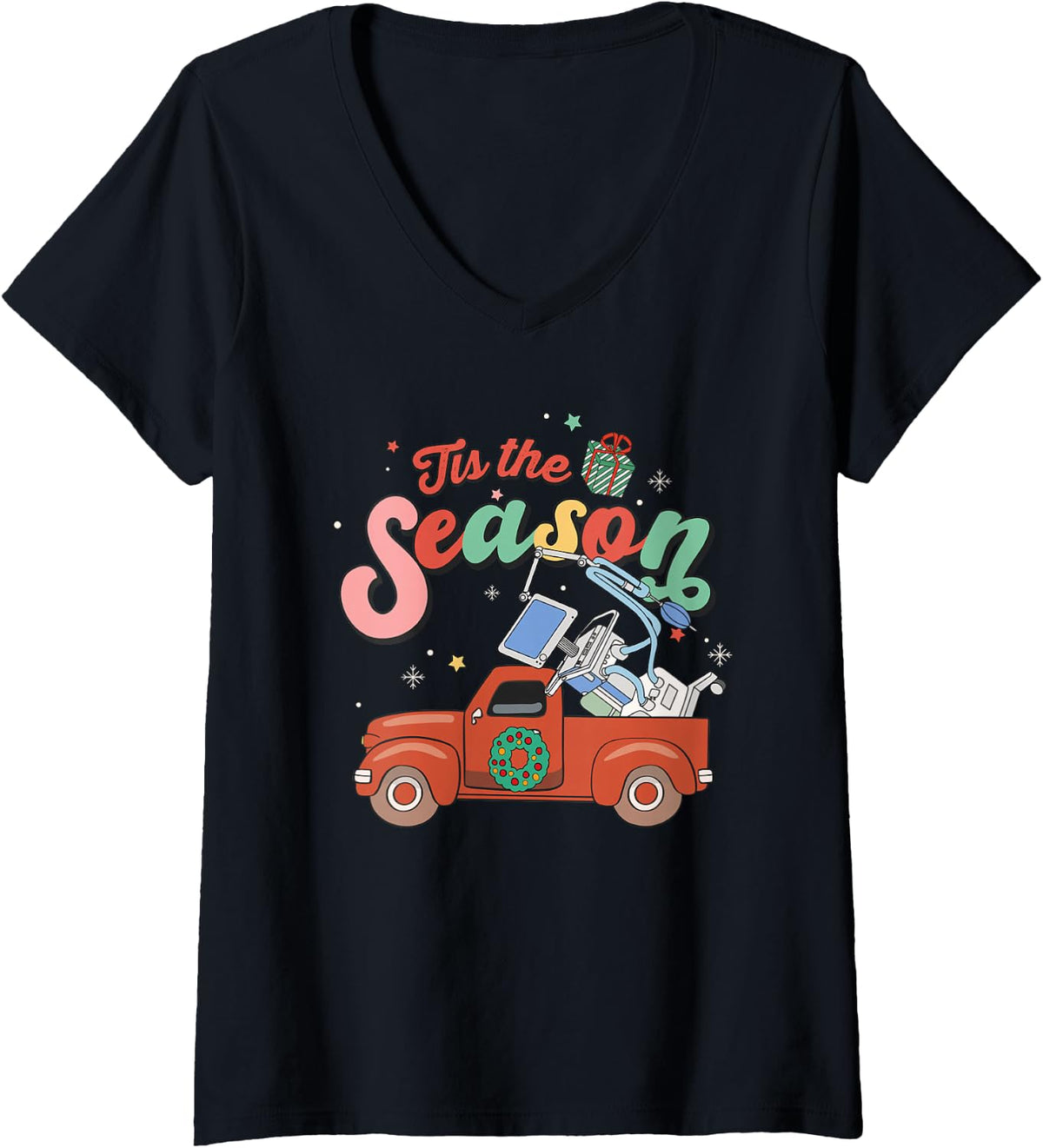 Women's Respiratory Therapy Nurse Christmas Hospital Holiday Party V-Neck T-Shirt - Black
